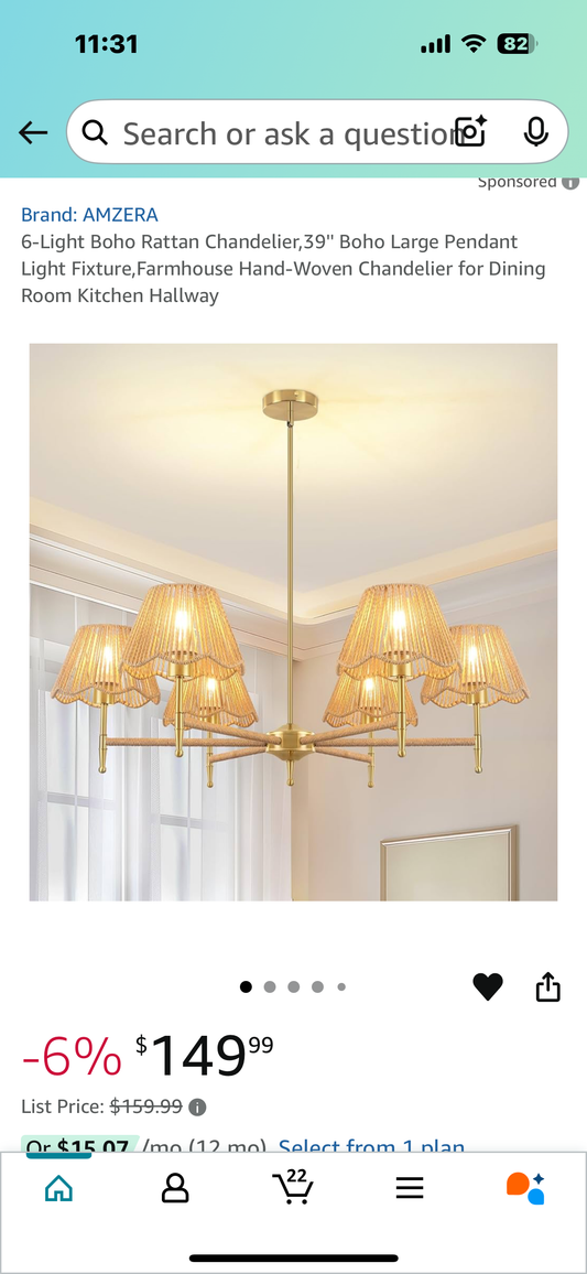 New - 6-Light Boho Rattan Chandelier, 39'' Boho Large Pendant Light Fixture, Farmhouse Hand-Woven Chandelier (L887)