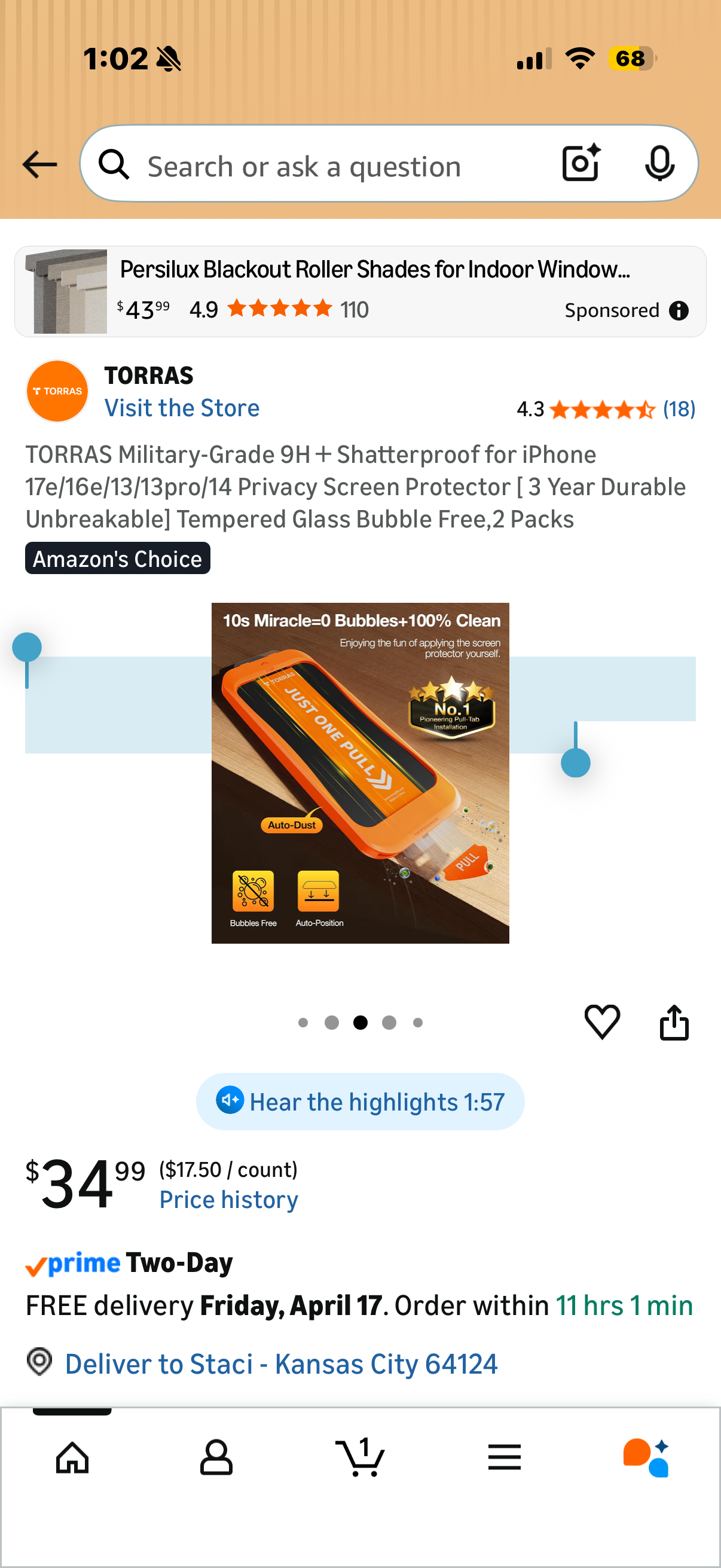 TORRAS Military-Grade 9H＋Shatterproof for iPhone 17e/16e/13/13pro/14 Privacy Screen Protector [ 3 Year Durable Unbreakable] Tempered Glass Bubble Free,2 Packs