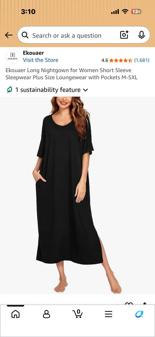Ekouaer Long Nightgown for Women Short Sleeve Sleepwear Plus Size Loungewear with Pockets (Size Large)