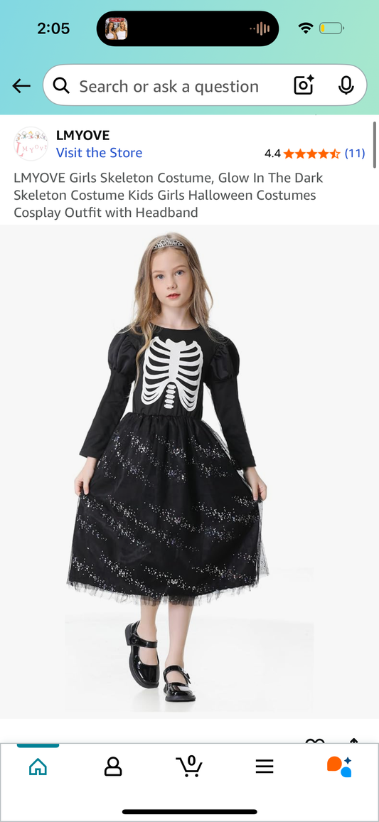 Girls Skeleton Costume with Tiara (Size X-Large)