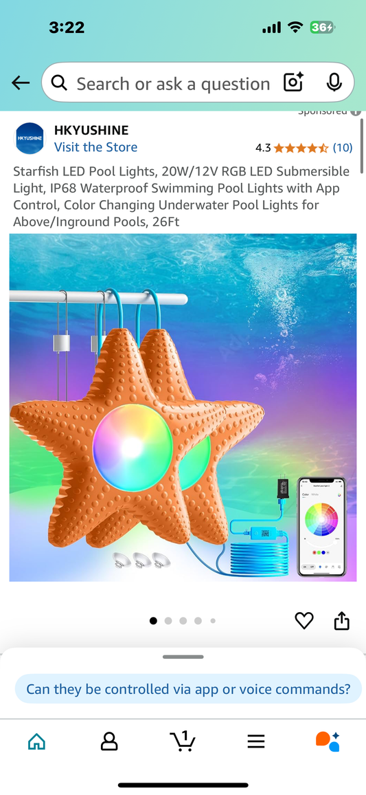 Starfish LED Pool Lights, 20W/12V RGB LED Submersible Light, IP68 Waterproof Swimming Pool Lights with App Control, Color Changing Underwater Pool Lights for Above/Inground Pools, 26Ft