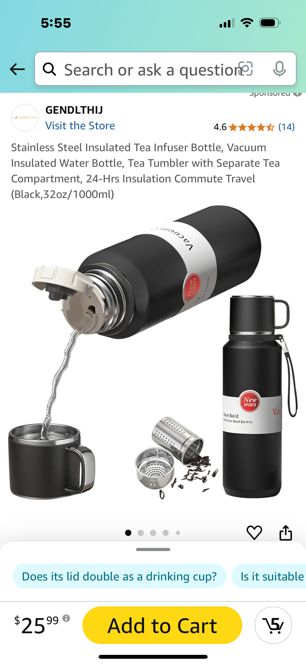 Stainless Steel Insulated Tea Infuser Bottle, Vacuum Insulated Water Bottle, Tea Tumbler with Separate Tea Compartment, 24-Hrs Insulation Commute Travel (Black,32oz/1000ml)