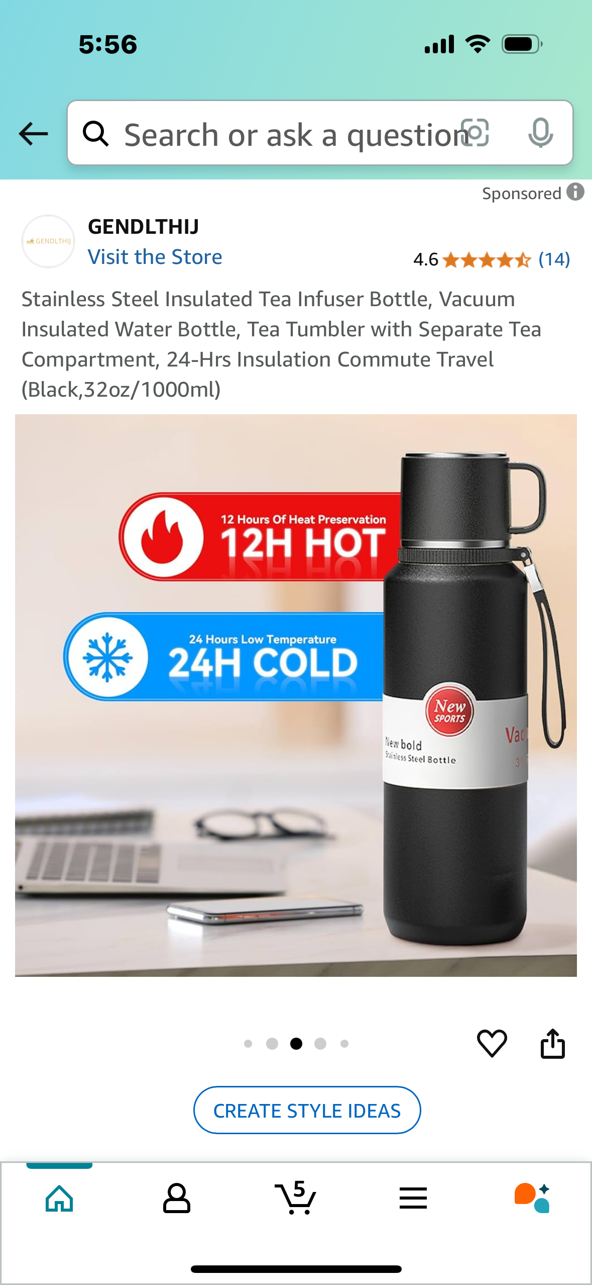 Stainless Steel Insulated Tea Infuser Bottle, Vacuum Insulated Water Bottle, Tea Tumbler with Separate Tea Compartment, 24-Hrs Insulation Commute Travel (Black,32oz/1000ml)