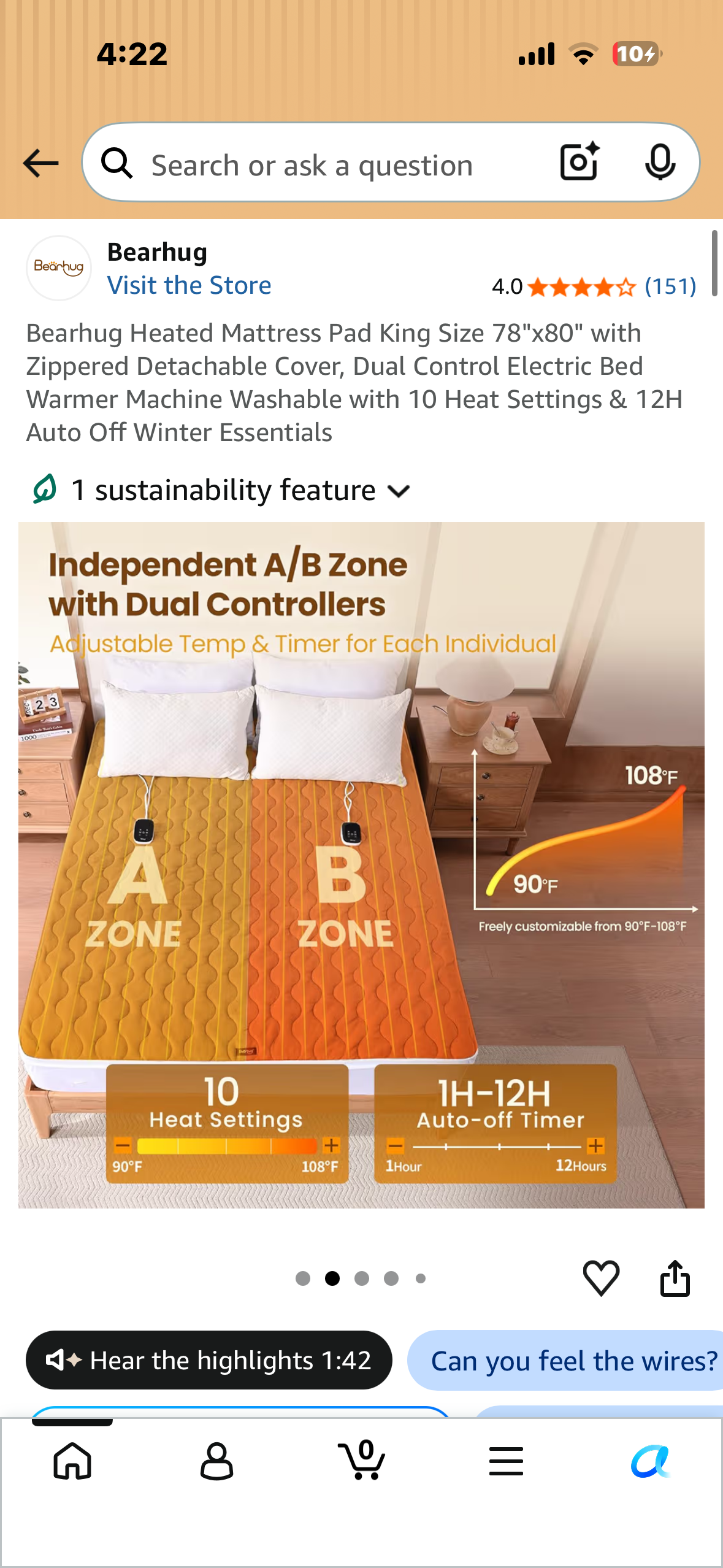 Bearhug Heated Mattress Pad, King Size 78"x80" with Zippered Detachable Cover, Dual Control Electric Bed Warmer, Machine Washable with 10 Heat Settings & 12H Auto Off