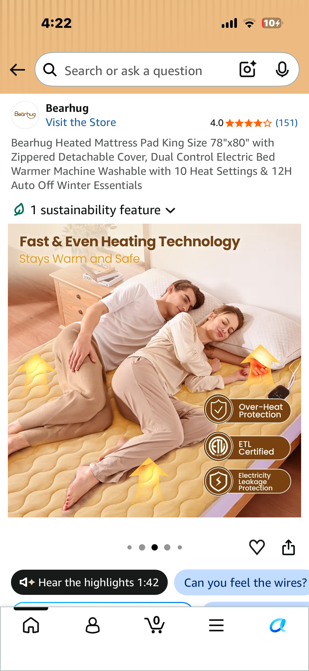 Bearhug Heated Mattress Pad, King Size 78"x80" with Zippered Detachable Cover, Dual Control Electric Bed Warmer, Machine Washable with 10 Heat Settings & 12H Auto Off