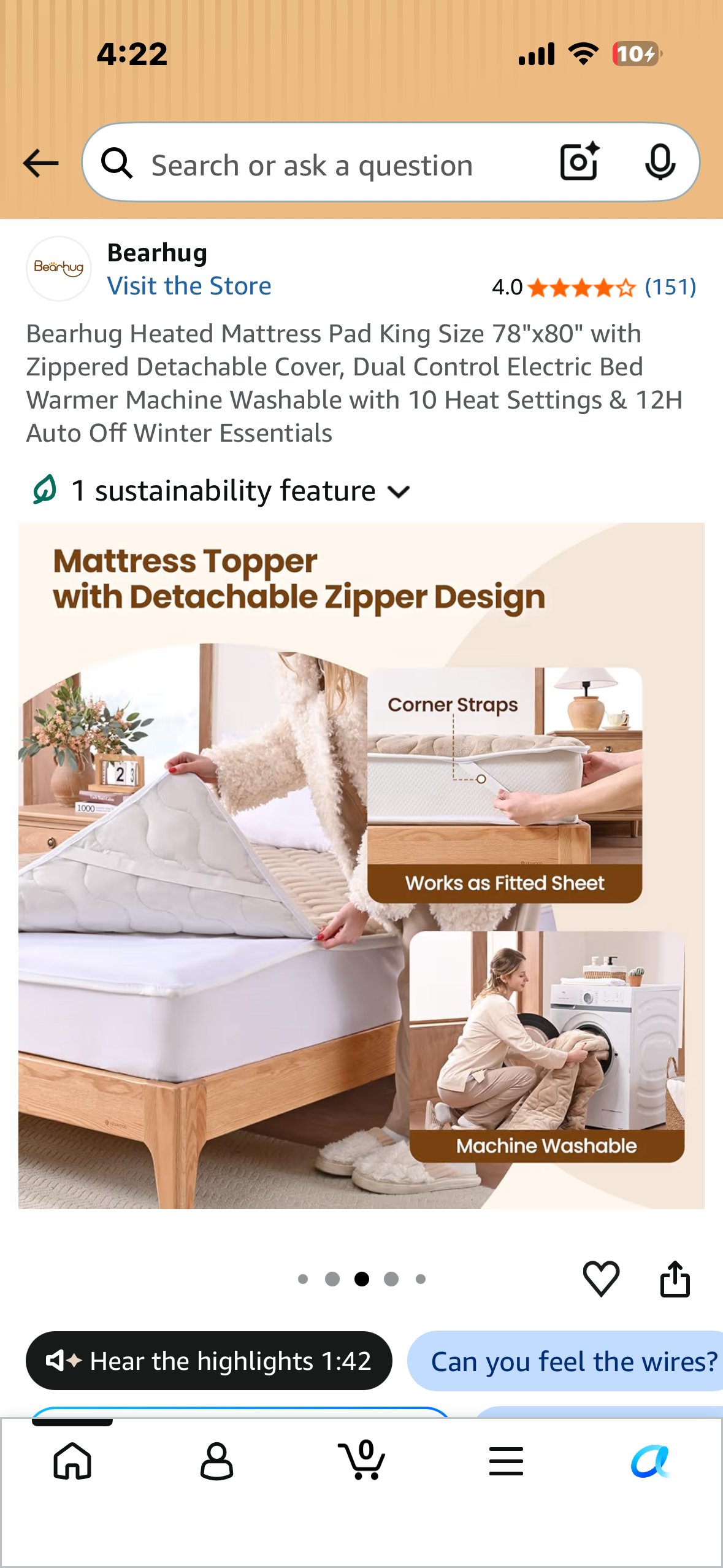 Bearhug Heated Mattress Pad, King Size 78"x80" with Zippered Detachable Cover, Dual Control Electric Bed Warmer, Machine Washable with 10 Heat Settings & 12H Auto Off