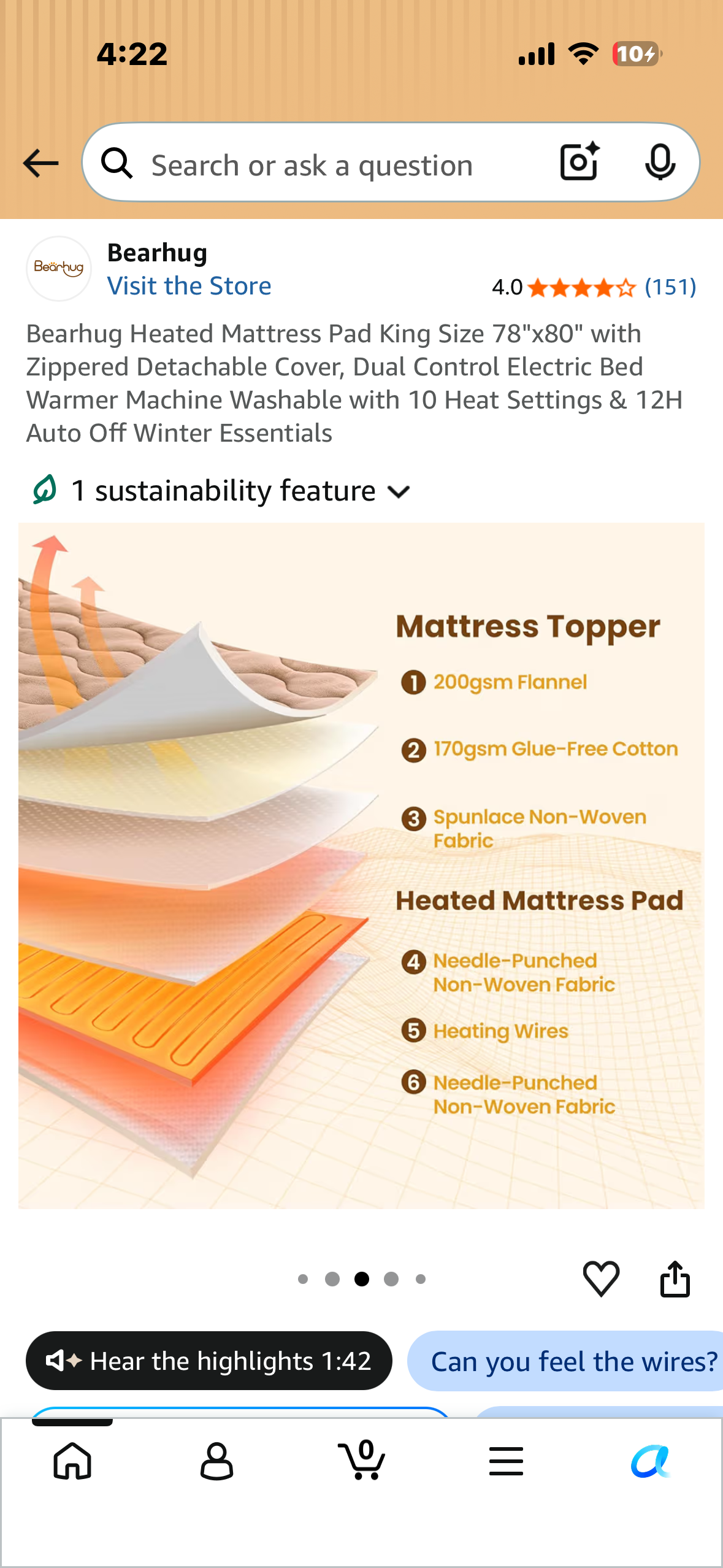 Bearhug Heated Mattress Pad, King Size 78"x80" with Zippered Detachable Cover, Dual Control Electric Bed Warmer, Machine Washable with 10 Heat Settings & 12H Auto Off