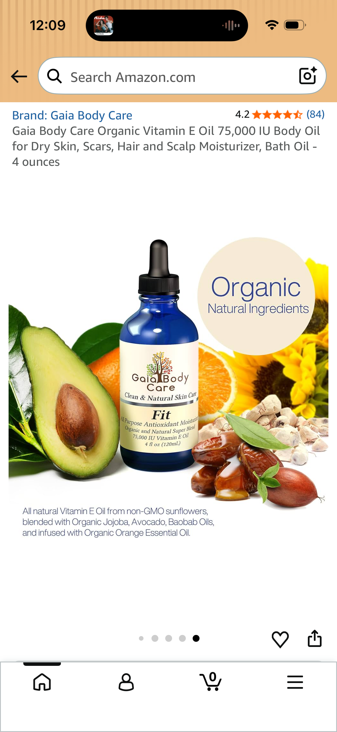 Gaia Body Care Organic Vitamin E Oil 75,000 IU Body Oil for Dry Skin, Scars, Hair and Scalp Moisturizer, Bath Oil - 4 ounces