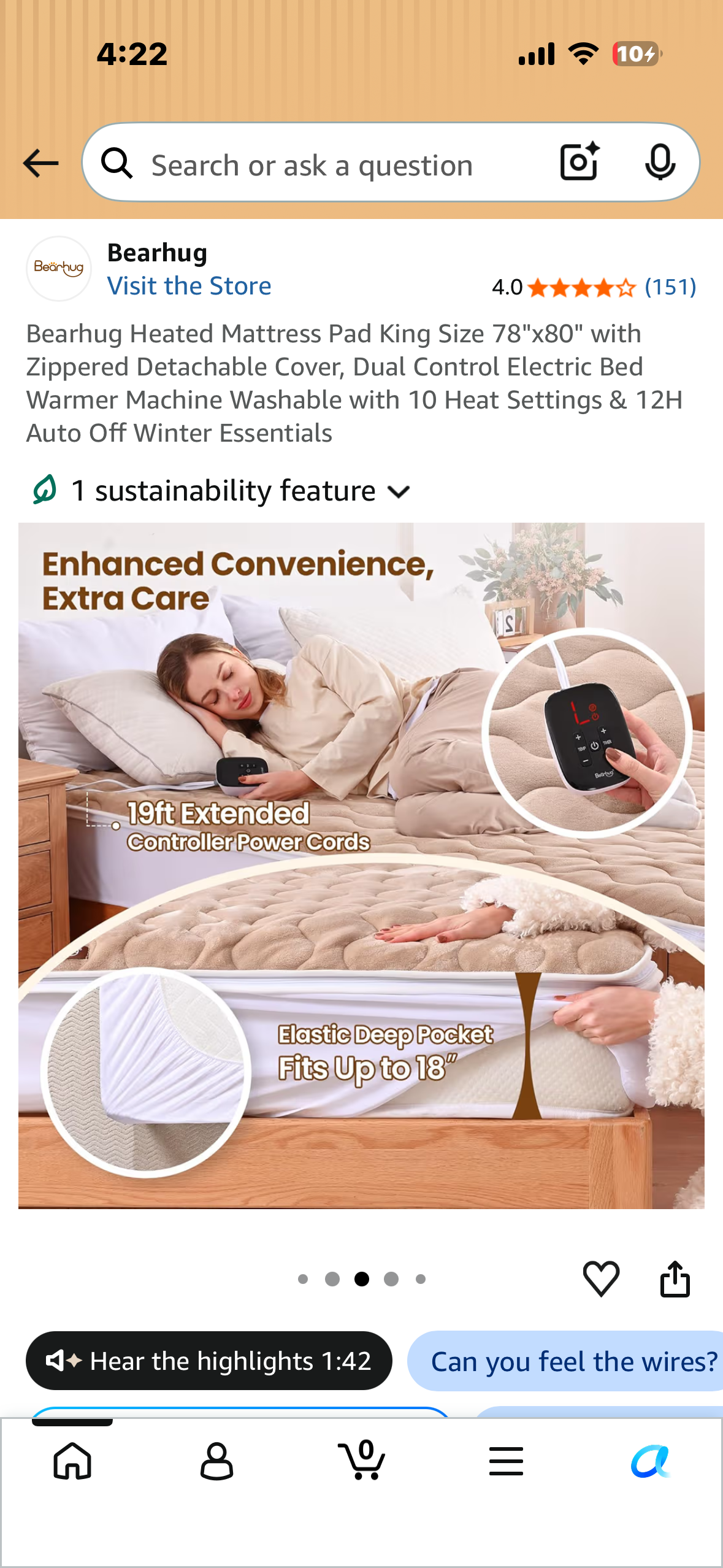 Bearhug Heated Mattress Pad, King Size 78"x80" with Zippered Detachable Cover, Dual Control Electric Bed Warmer, Machine Washable with 10 Heat Settings & 12H Auto Off