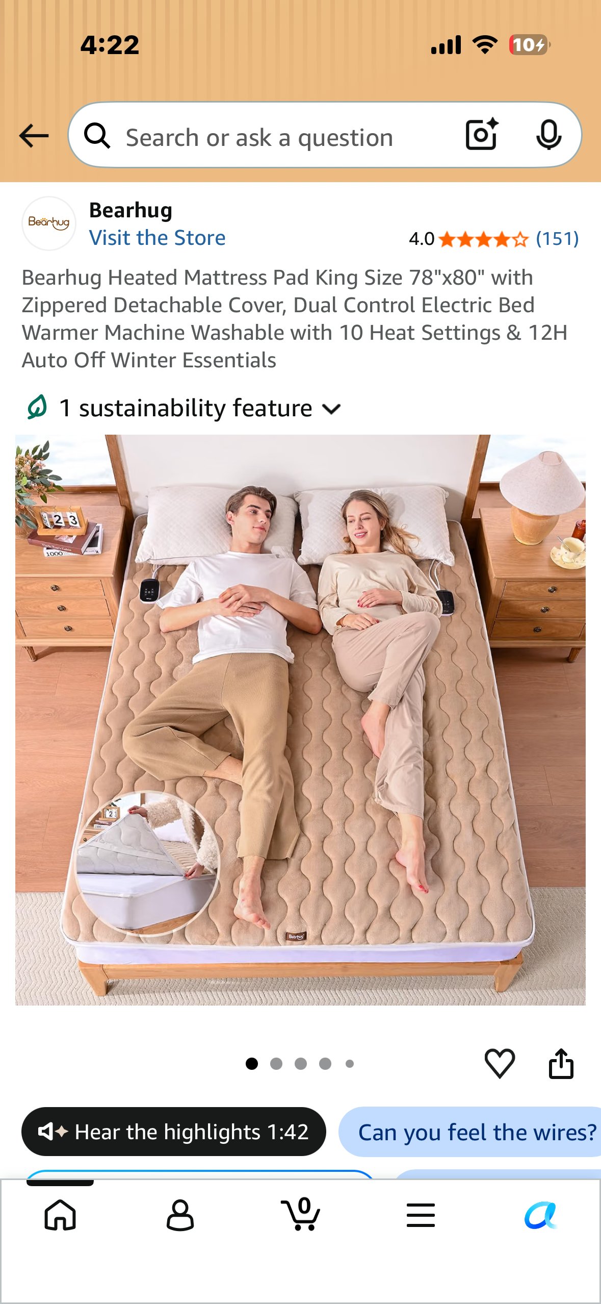 Bearhug Heated Mattress Pad, King Size 78"x80" with Zippered Detachable Cover, Dual Control Electric Bed Warmer, Machine Washable with 10 Heat Settings & 12H Auto Off