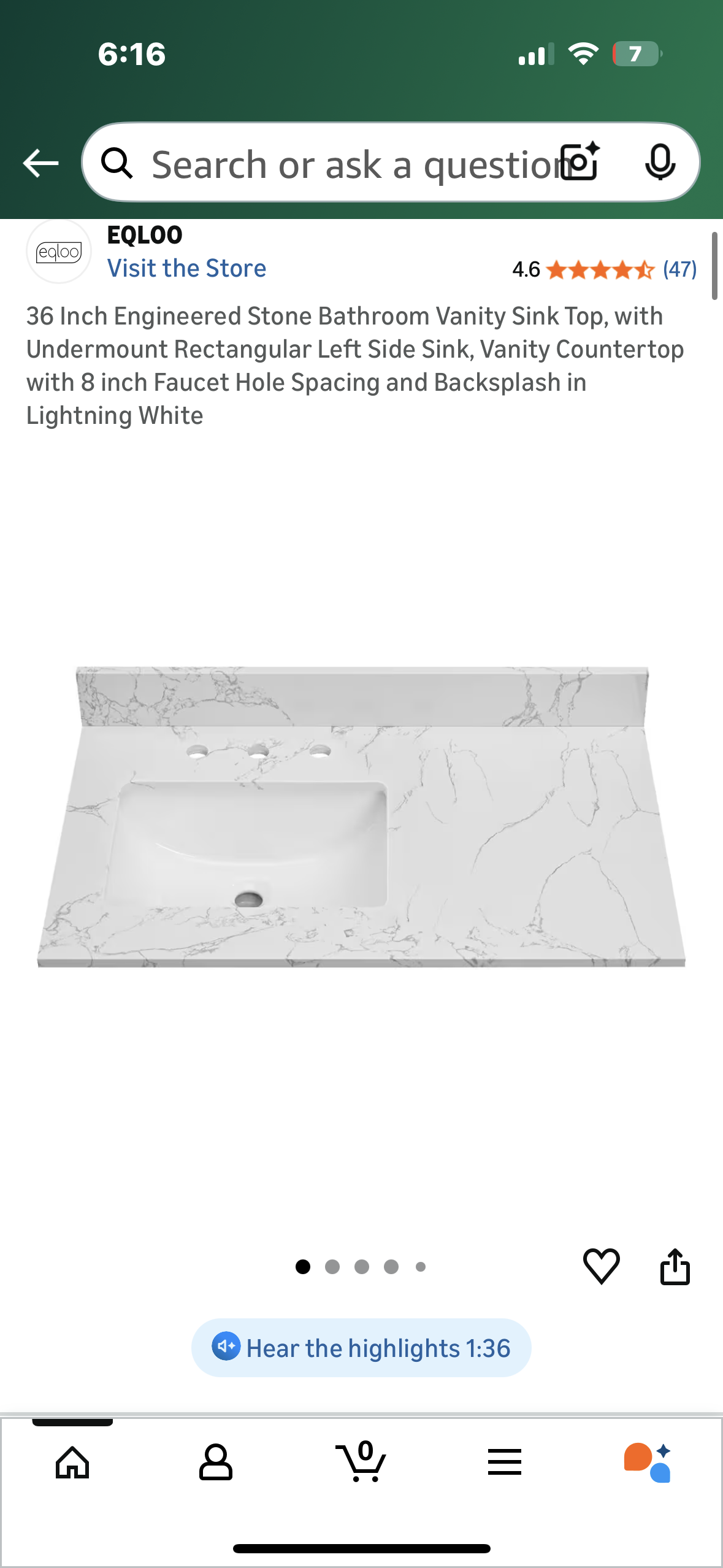 36”x 22” Engineered Stone Bathroom Vanity Sink Top, with Undermount Rectangular Left Side Sink, Vanity Countertop with 8 inch Faucet Hole Spacing and Backsplash in Lightning White (B1148)