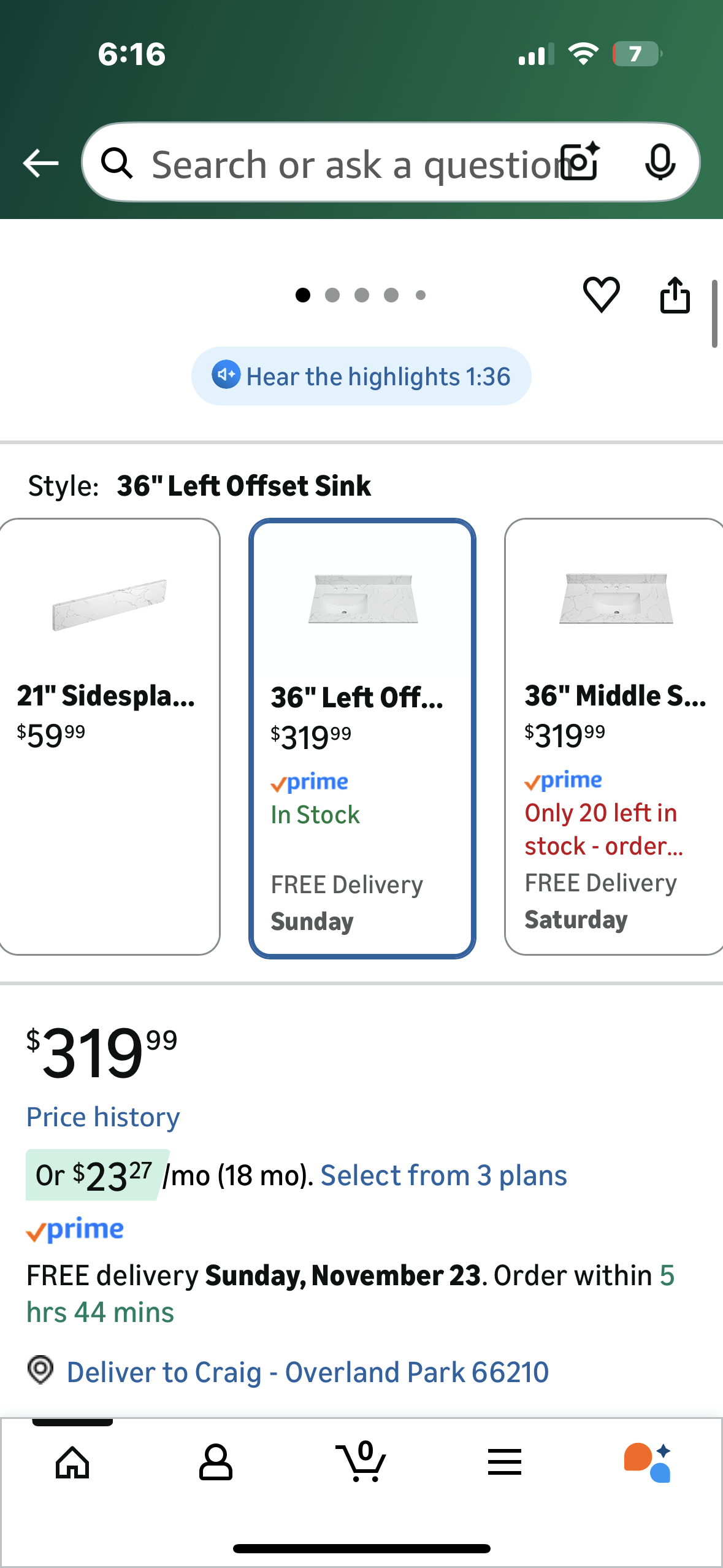36”x 22” Engineered Stone Bathroom Vanity Sink Top, with Undermount Rectangular Left Side Sink, Vanity Countertop with 8 inch Faucet Hole Spacing and Backsplash in Lightning White (B1148)
