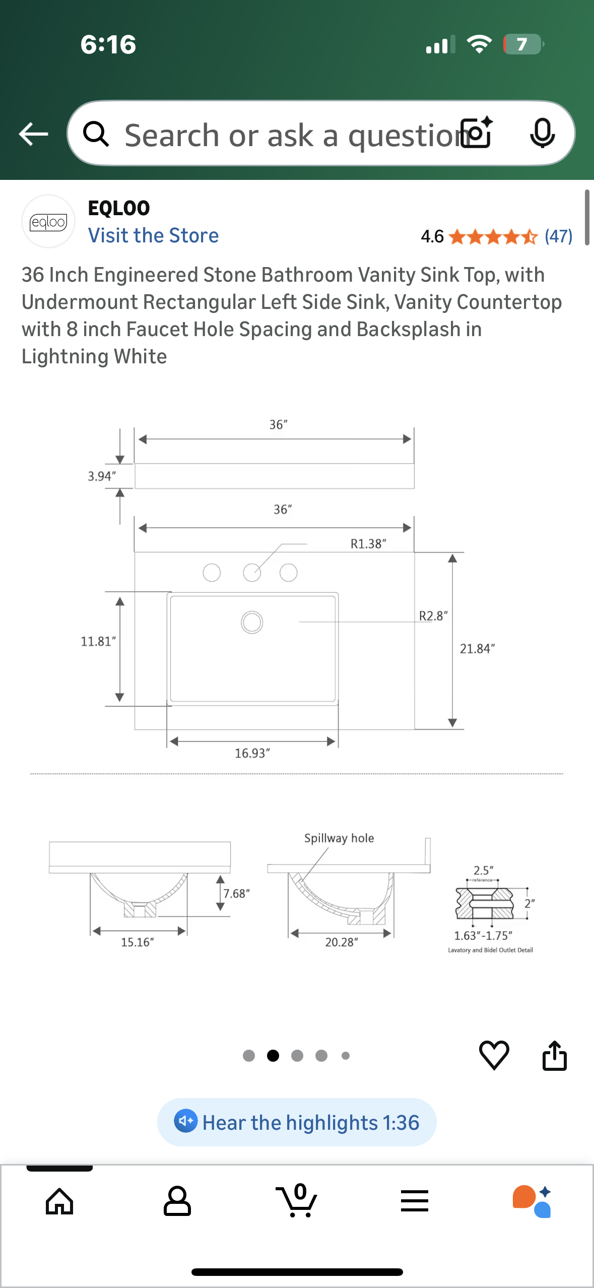 36”x 22” Engineered Stone Bathroom Vanity Sink Top, with Undermount Rectangular Left Side Sink, Vanity Countertop with 8 inch Faucet Hole Spacing and Backsplash in Lightning White (B1148)