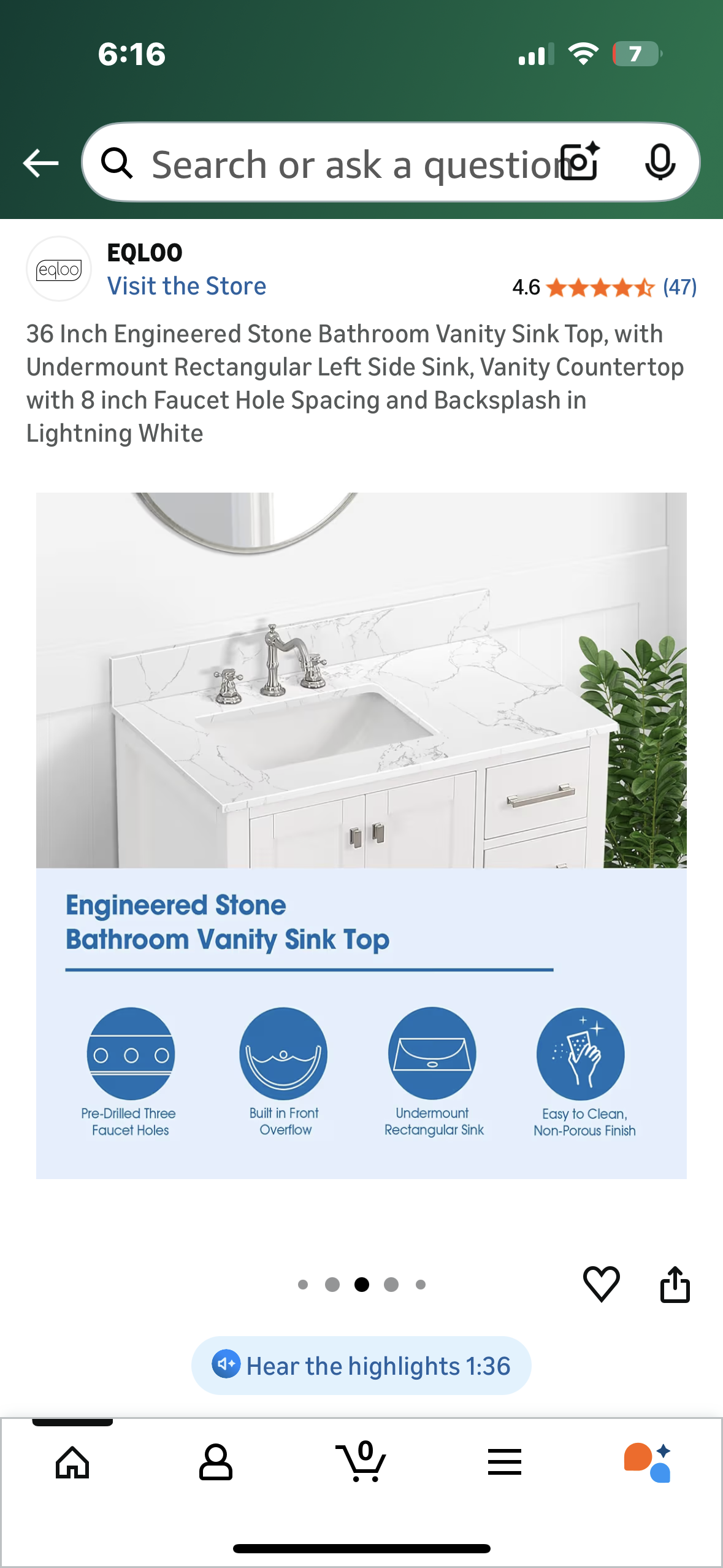 36”x 22” Engineered Stone Bathroom Vanity Sink Top, with Undermount Rectangular Left Side Sink, Vanity Countertop with 8 inch Faucet Hole Spacing and Backsplash in Lightning White (B1148)