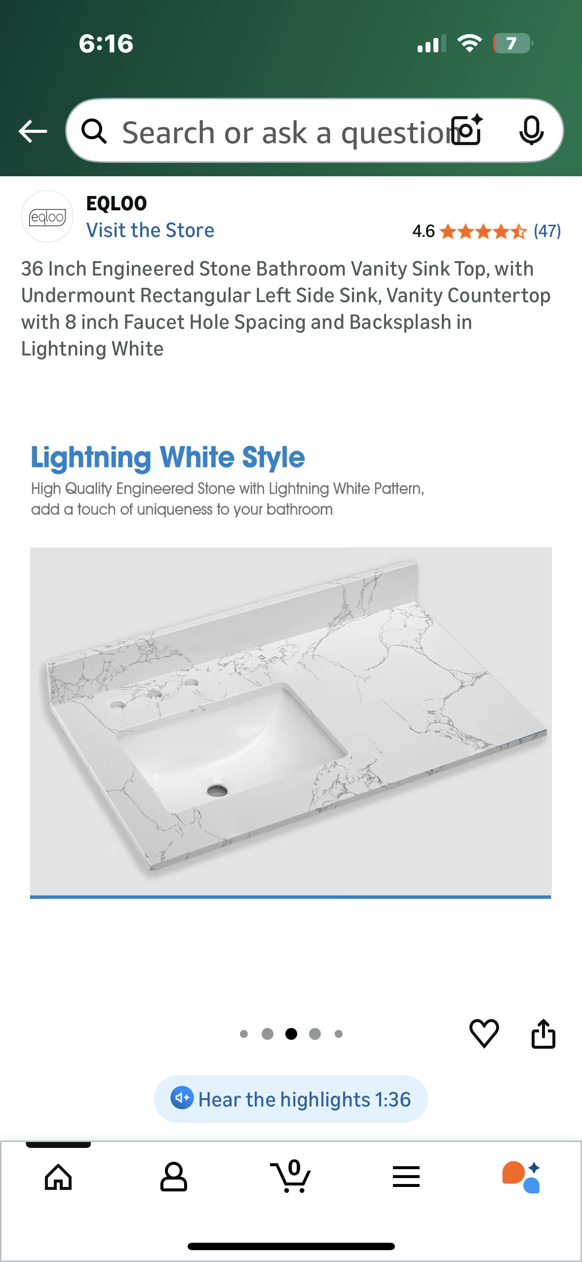 36”x 22” Engineered Stone Bathroom Vanity Sink Top, with Undermount Rectangular Left Side Sink, Vanity Countertop with 8 inch Faucet Hole Spacing and Backsplash in Lightning White (B1148)