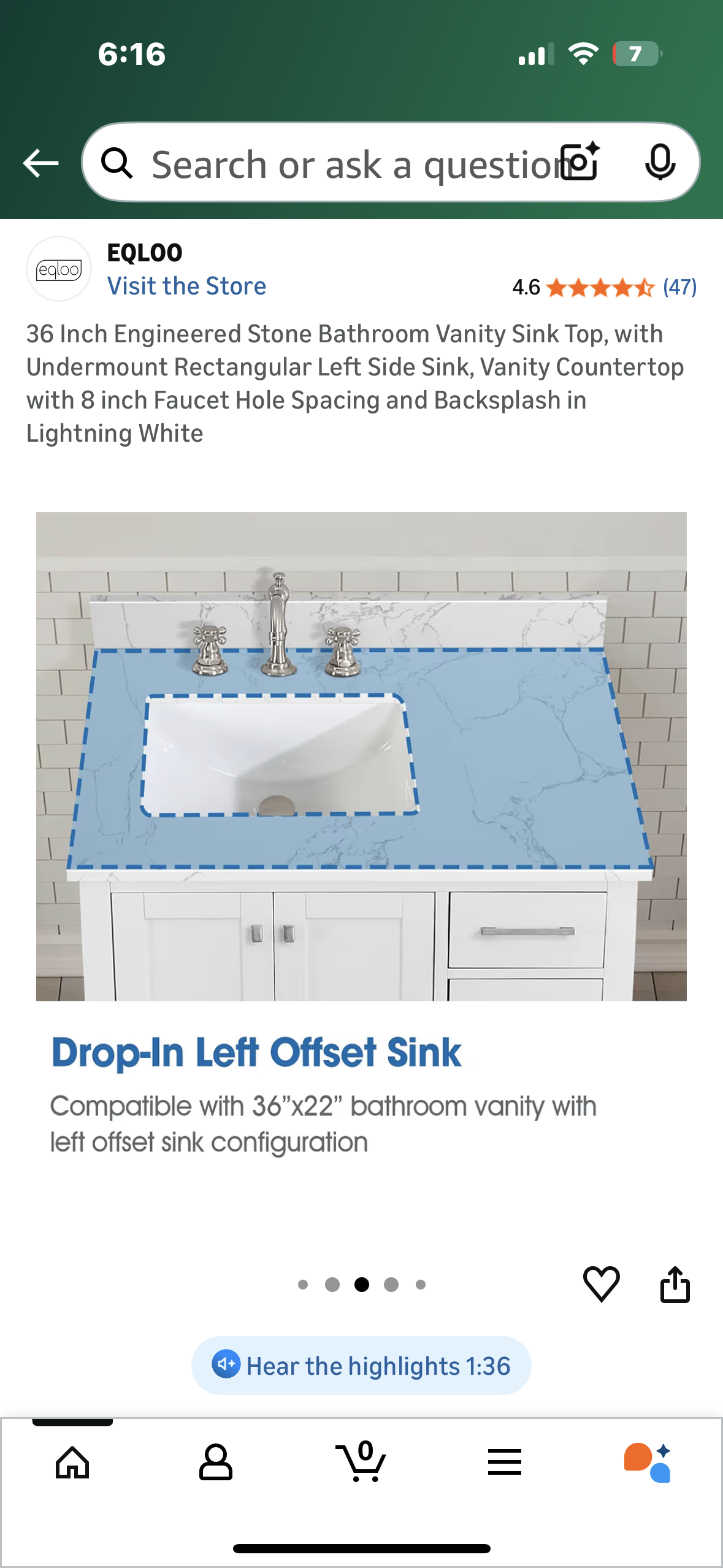 36”x 22” Engineered Stone Bathroom Vanity Sink Top, with Undermount Rectangular Left Side Sink, Vanity Countertop with 8 inch Faucet Hole Spacing and Backsplash in Lightning White (B1148)