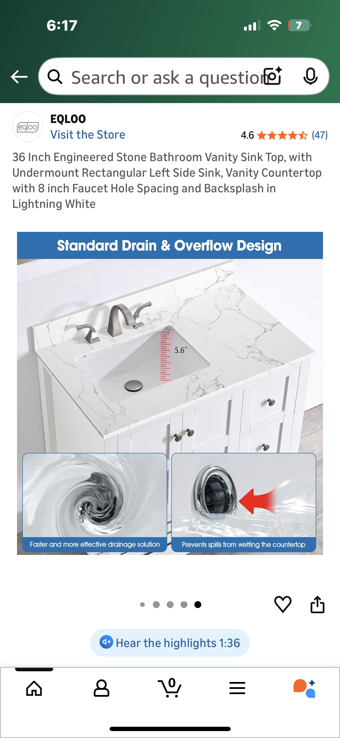 36”x 22” Engineered Stone Bathroom Vanity Sink Top, with Undermount Rectangular Left Side Sink, Vanity Countertop with 8 inch Faucet Hole Spacing and Backsplash in Lightning White (B1148)