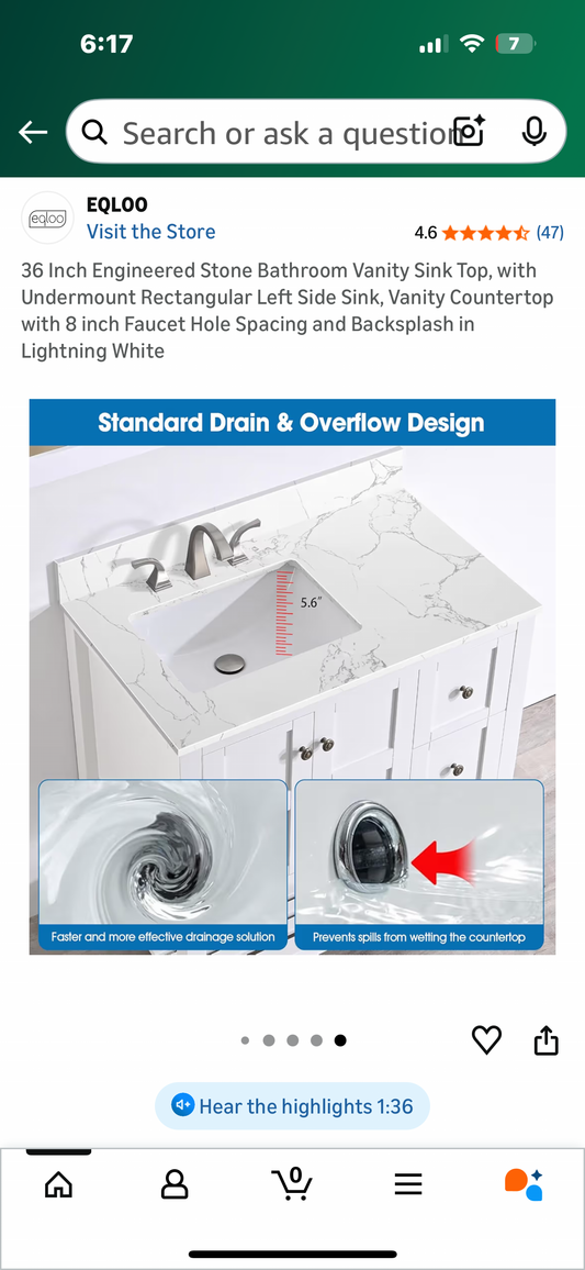 36”x 22” Engineered Stone Bathroom Vanity Sink Top, with Undermount Rectangular Left Side Sink, Vanity Countertop with 8 inch Faucet Hole Spacing and Backsplash in Lightning White (B1148)