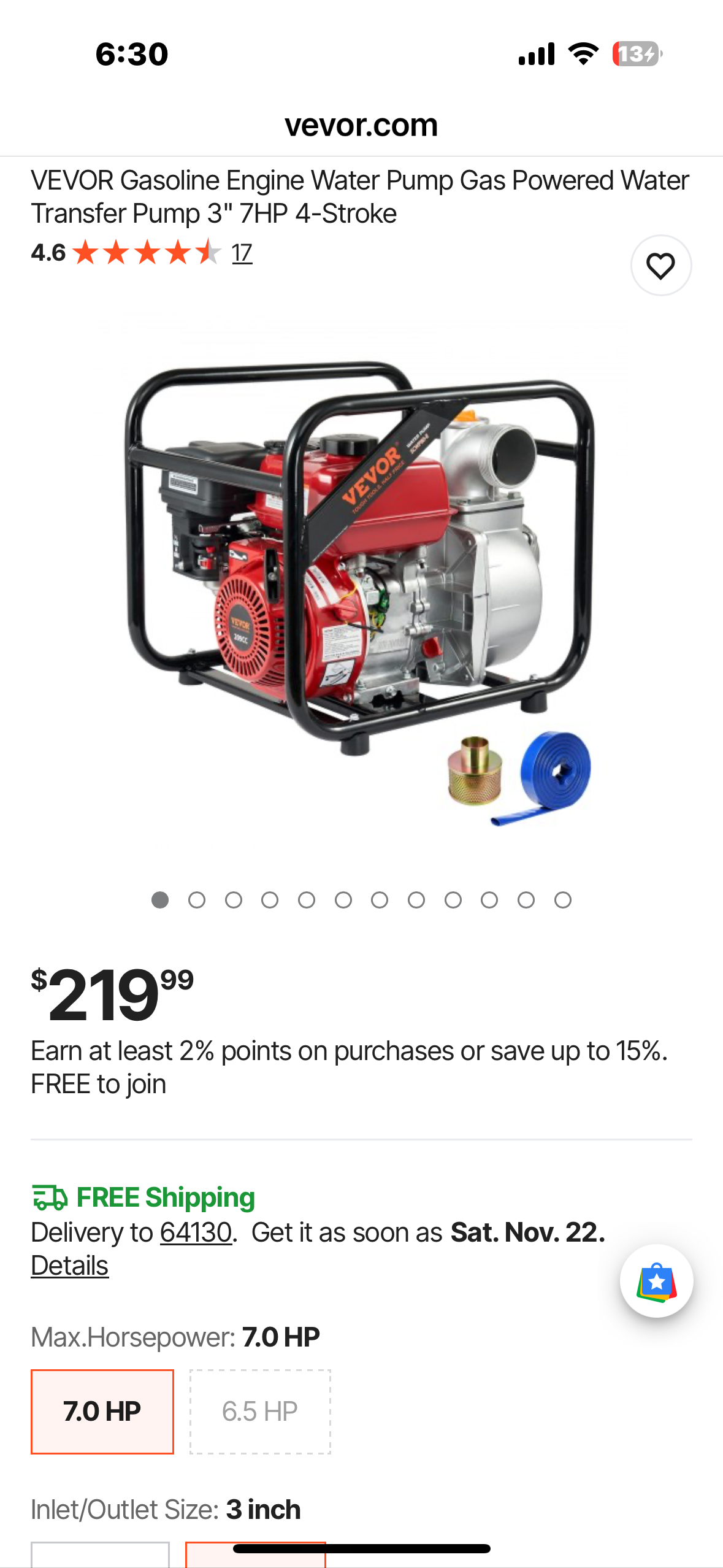 VEVOR Gasoline Engine Water Pump Gas Powered Water Transfer Pump 3" 7HP 4-Stroke (G924)