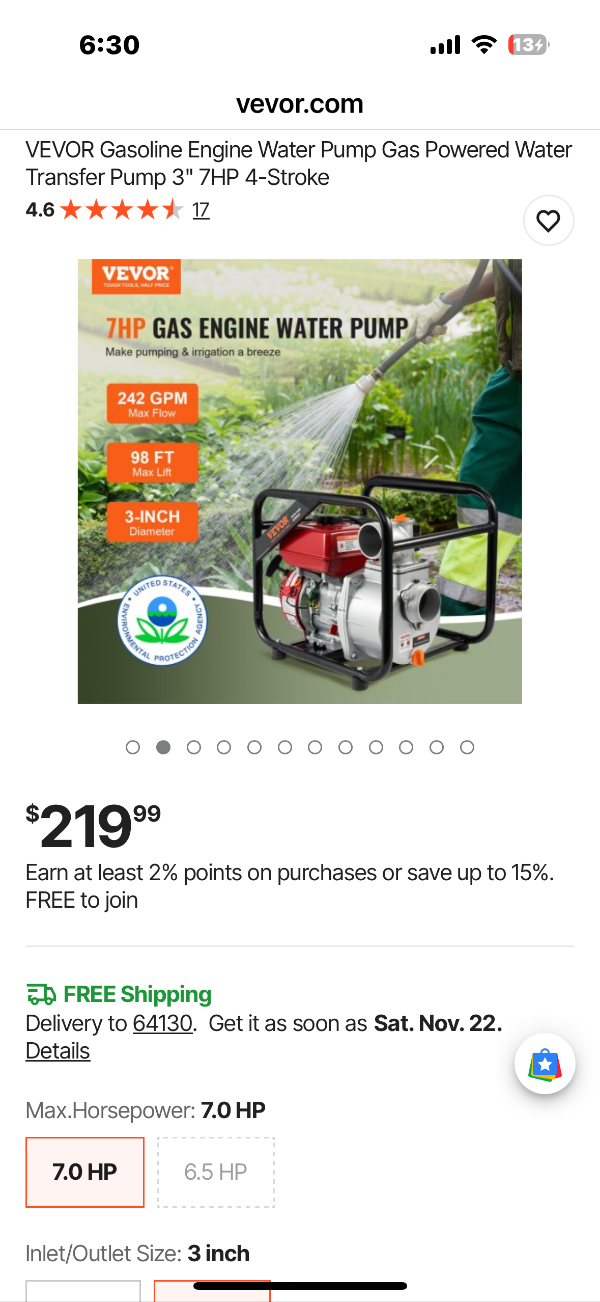 VEVOR Gasoline Engine Water Pump Gas Powered Water Transfer Pump 3" 7HP 4-Stroke (G924)