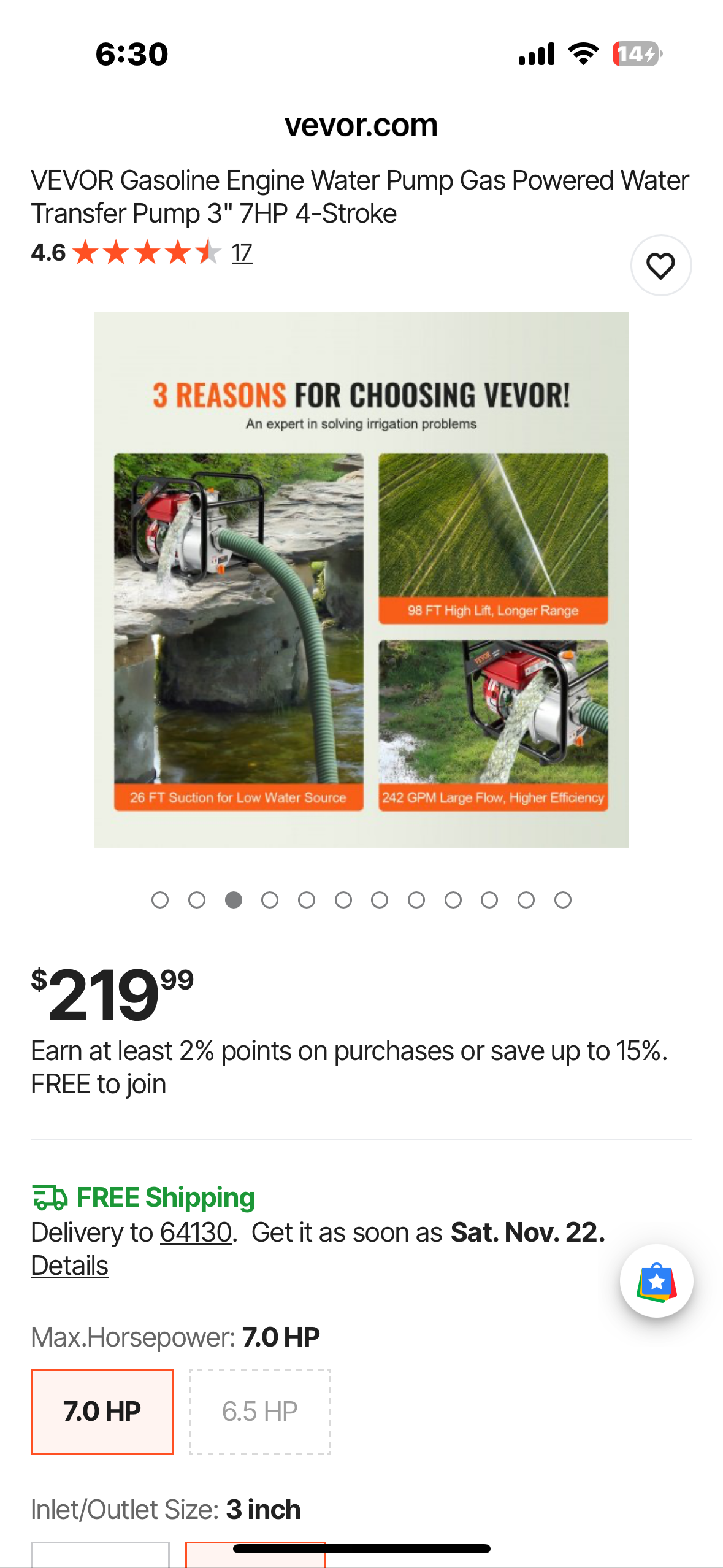 VEVOR Gasoline Engine Water Pump Gas Powered Water Transfer Pump 3" 7HP 4-Stroke (G924)