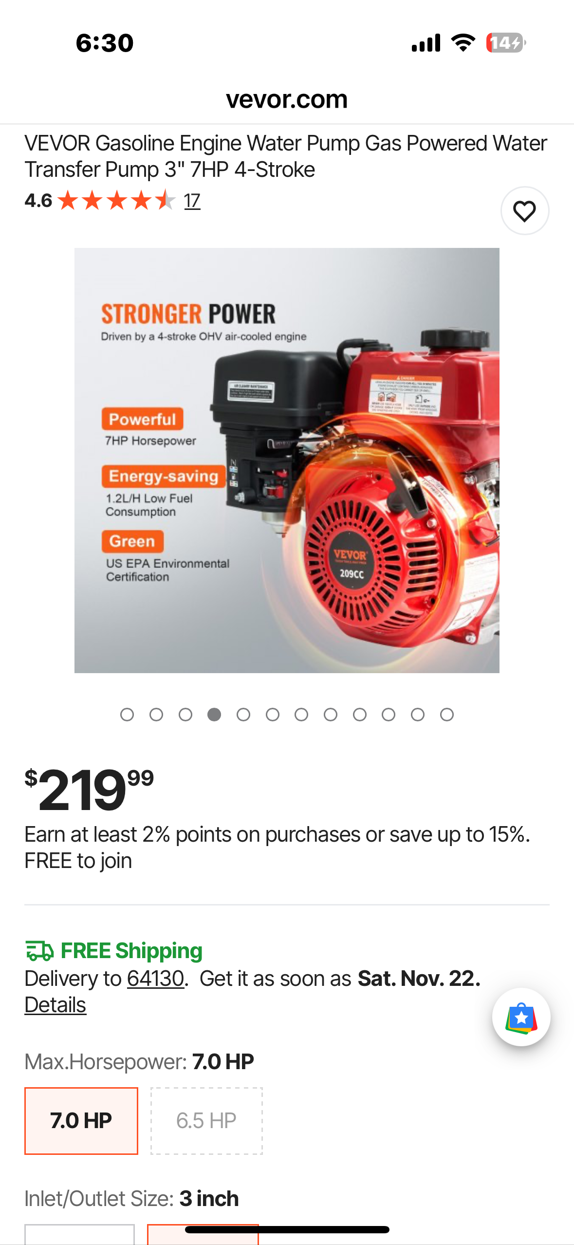 VEVOR Gasoline Engine Water Pump Gas Powered Water Transfer Pump 3" 7HP 4-Stroke (G924)