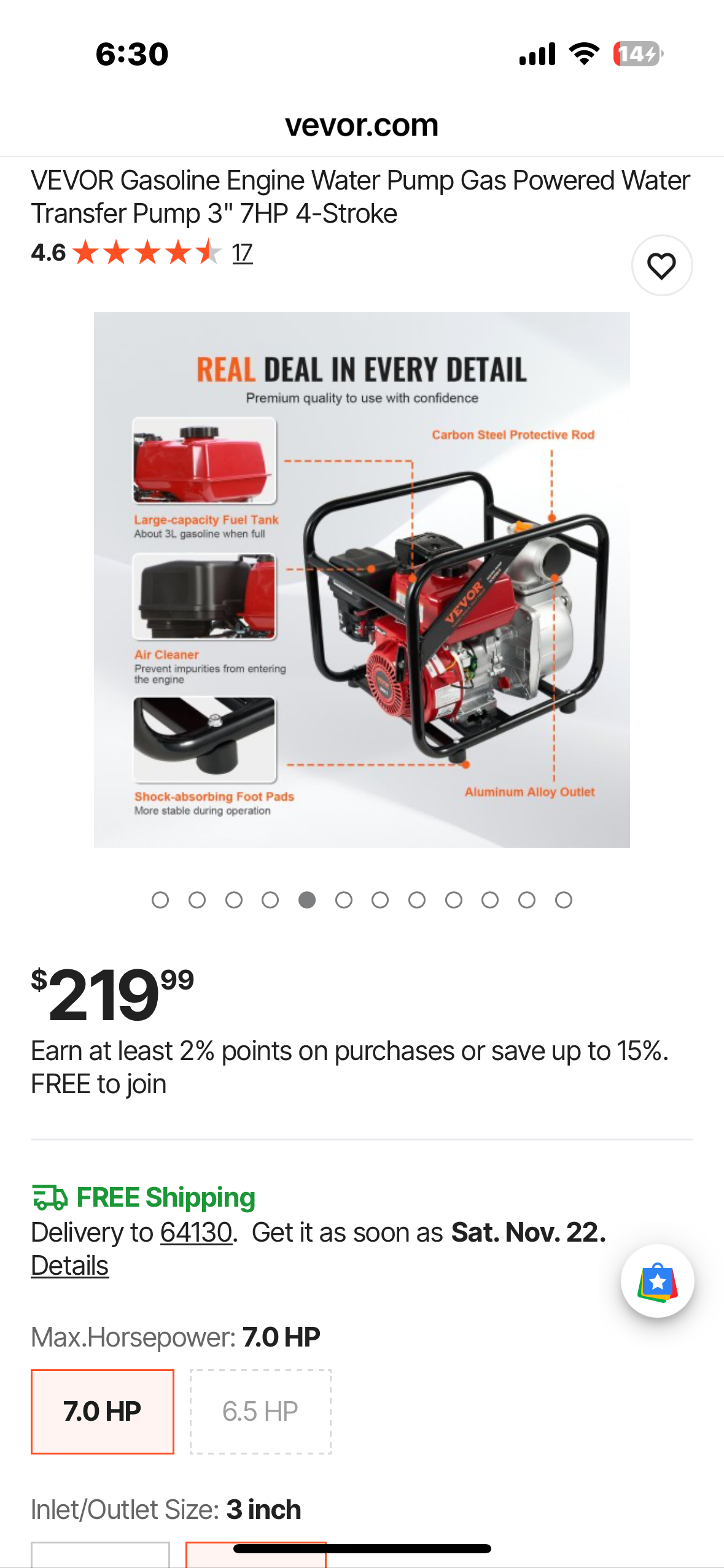 VEVOR Gasoline Engine Water Pump Gas Powered Water Transfer Pump 3" 7HP 4-Stroke (G924)