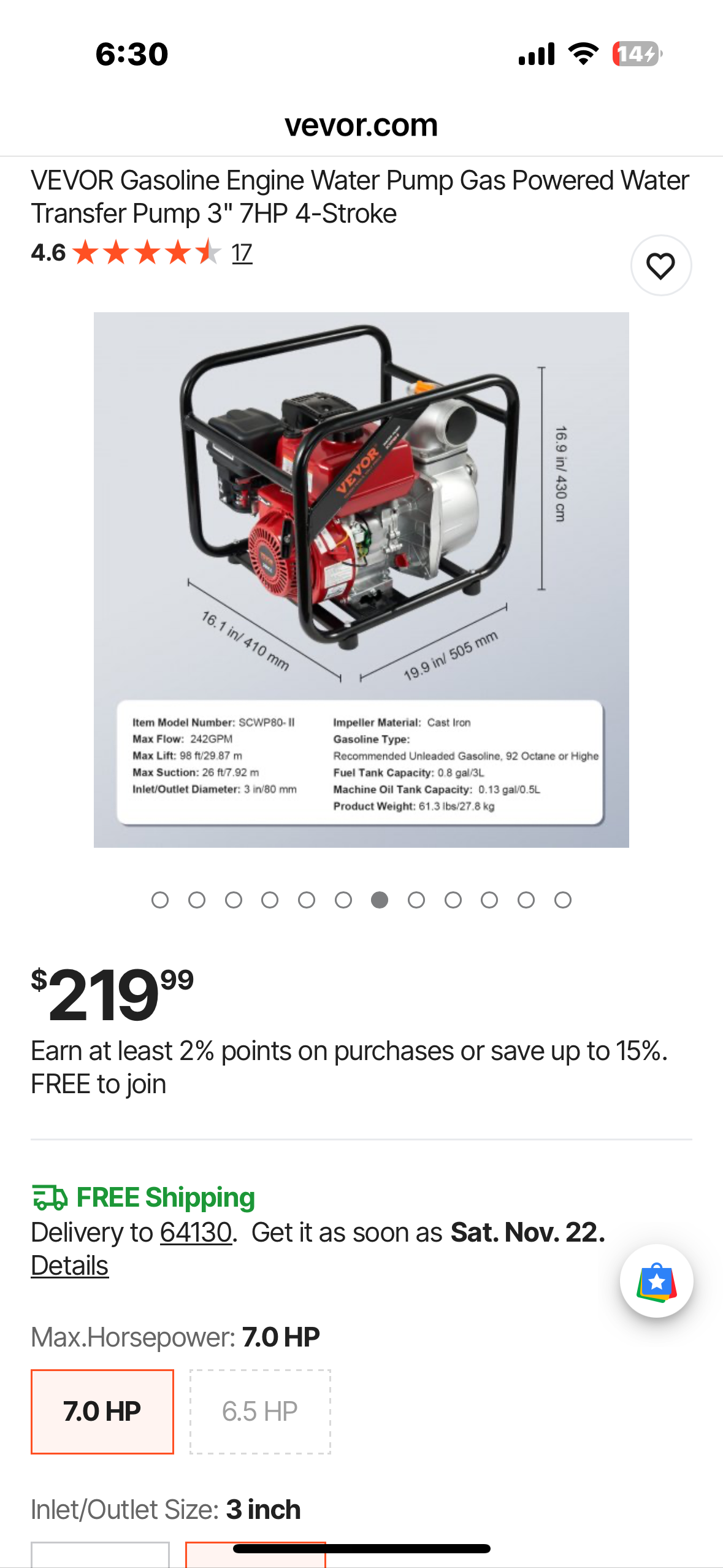 VEVOR Gasoline Engine Water Pump Gas Powered Water Transfer Pump 3" 7HP 4-Stroke (G924)