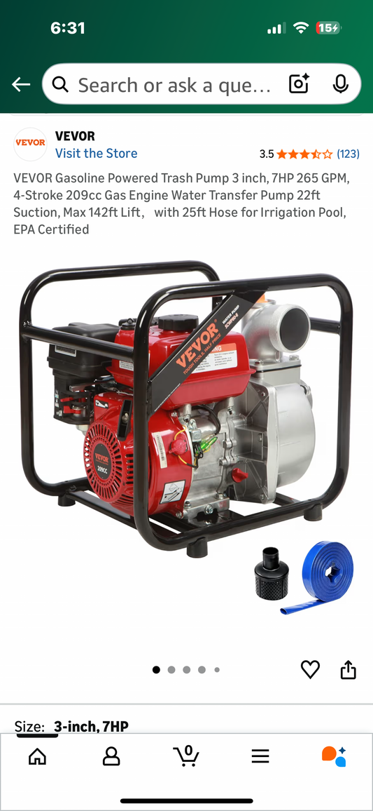 VEVOR Gasoline Engine Water Pump Gas Powered Water Transfer Pump 3" 7HP 4-Stroke (G924)