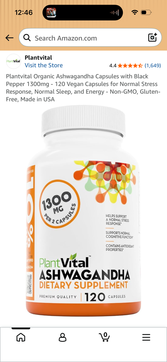 Plantvital Organic Ashwagandha Capsules with Black Pepper 1300mg - 120 Vegan Capsules for Normal Stress Response, Normal Sleep, and Energy - Non-GMO, Gluten-Free, Made in USA (Expires 09/2027)