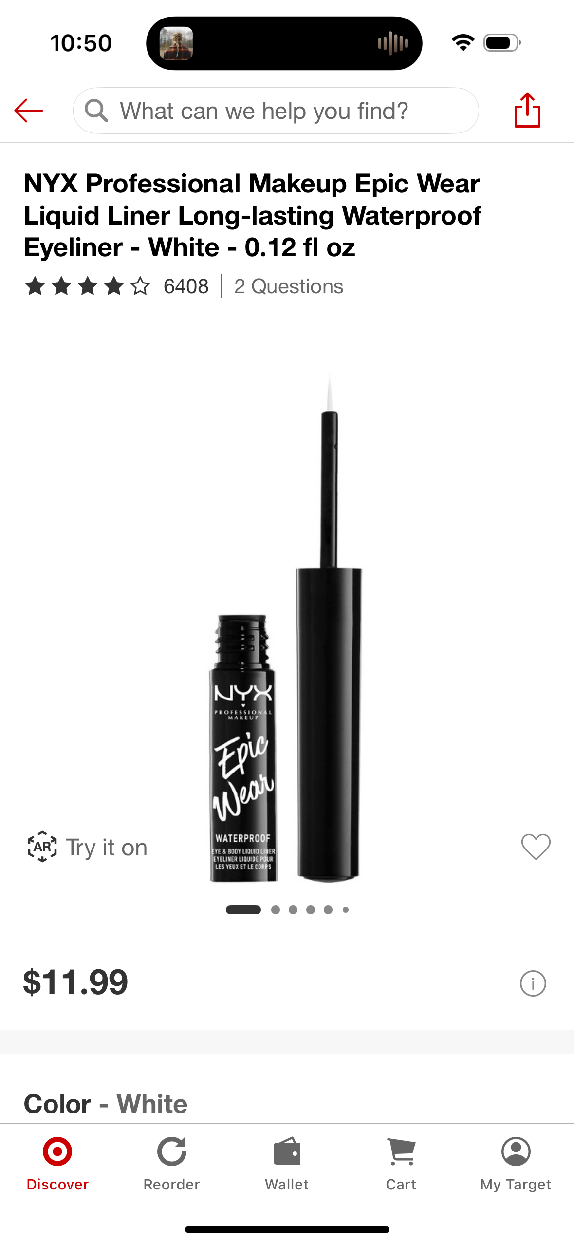 NYX Professional Makeup Epic Wear Liquid Liner Long-lasting Waterproof Eyeliner - White - 0.12 fl oz