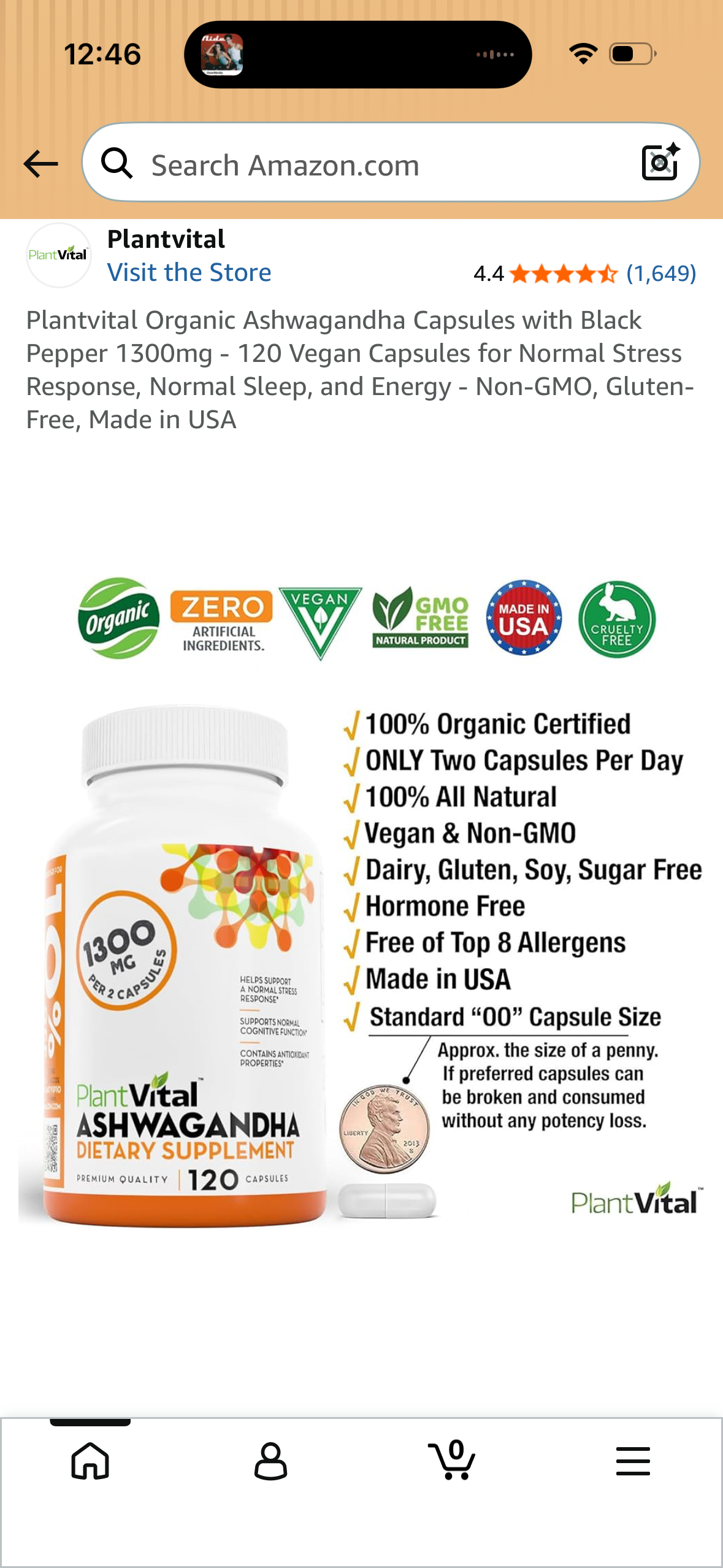 Plantvital Organic Ashwagandha Capsules with Black Pepper 1300mg - 120 Vegan Capsules for Normal Stress Response, Normal Sleep, and Energy - Non-GMO, Gluten-Free, Made in USA (Expires 09/2027)