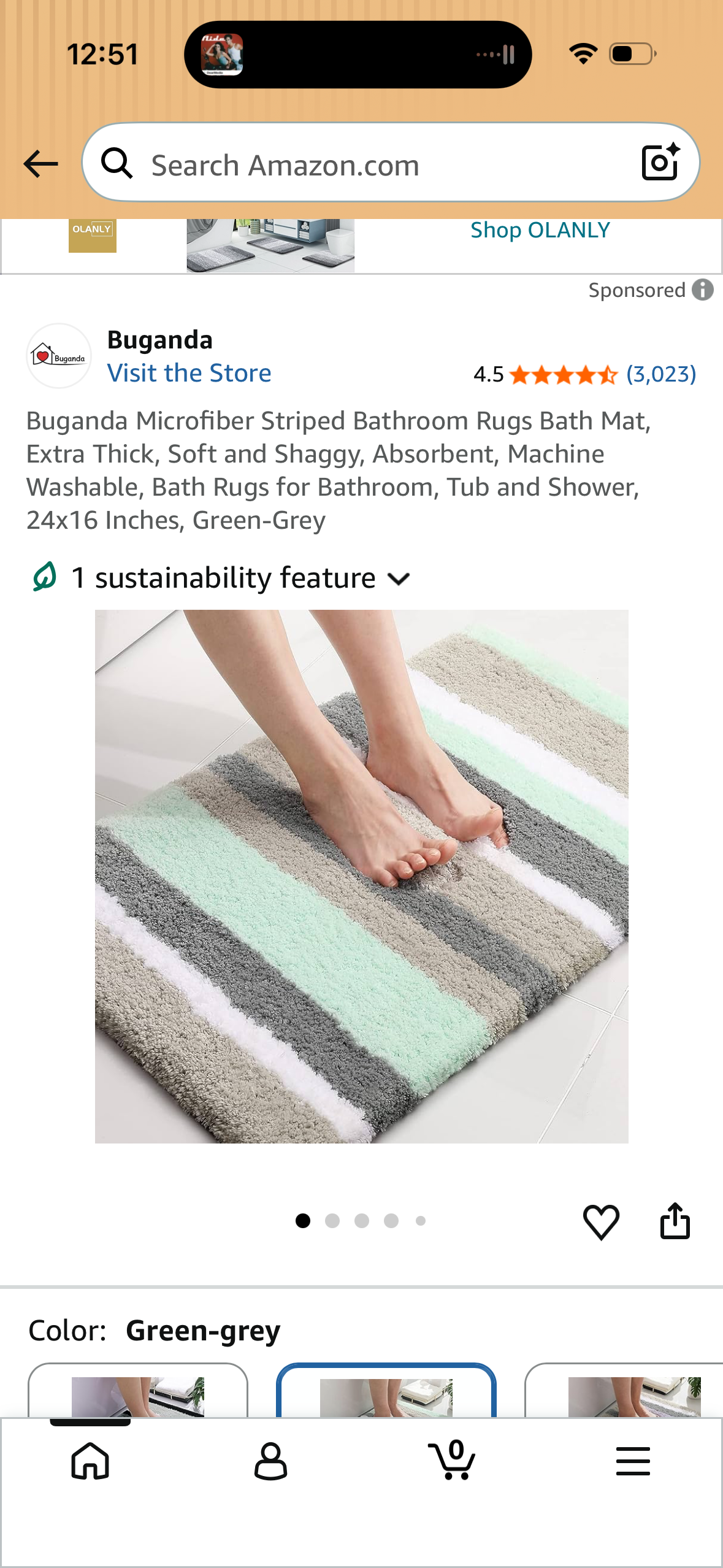 Buganda Microfiber Striped Bathroom Rugs Bath Mat, Extra Thick, Soft and Shaggy, Absorbent, Machine Washable, Bath Rugs for Bathroom, Tub and Shower, 24x16 Inches, Green-Grey
