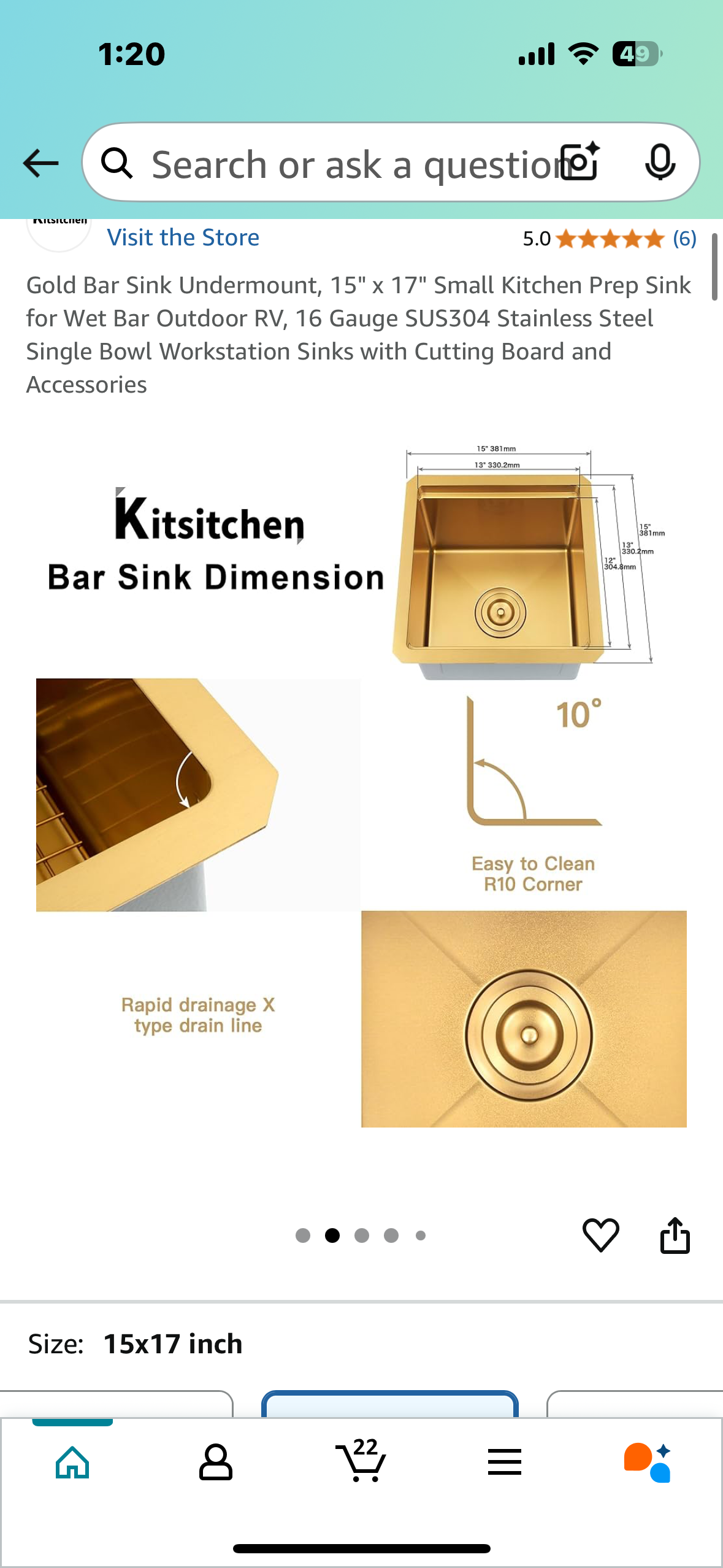 New - Gold Bar Undermount Sink, 15" x 17" Kitchen Prep Sink for Wet Bar Outdoor, RV, 16 Gauge SUS304 Stainless Steel Workstation Sink with Cutting Board and Accessories (L892)