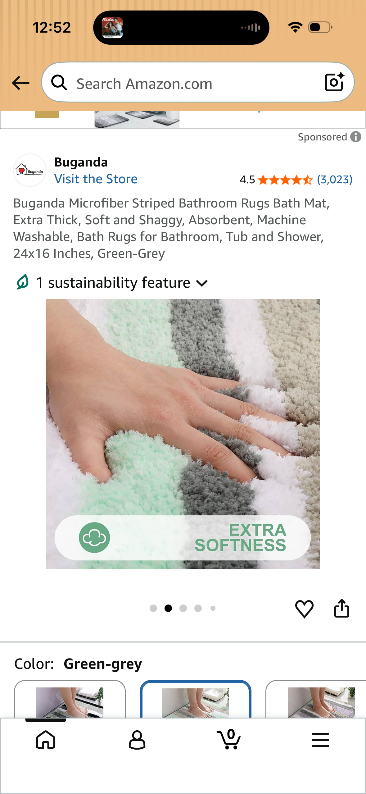 Buganda Microfiber Striped Bathroom Rugs Bath Mat, Extra Thick, Soft and Shaggy, Absorbent, Machine Washable, Bath Rugs for Bathroom, Tub and Shower, 24x16 Inches, Green-Grey