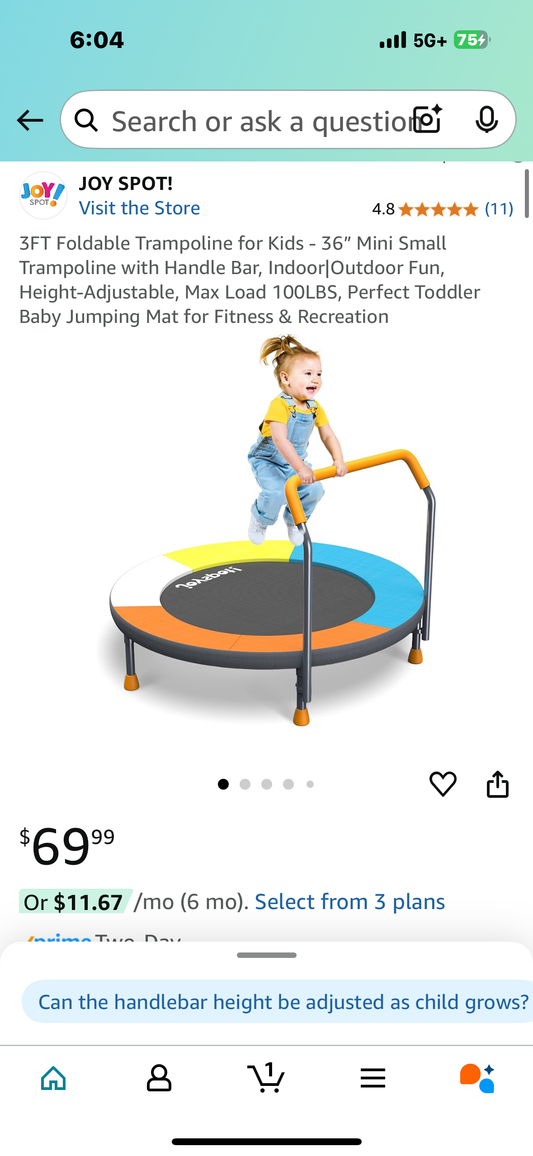 3FT Foldable Trampoline for Kids - 36” Mini Small Trampoline with Handle Bar, Indoor|Outdoor Fun, Height-Adjustable, Max Load 100LBS, Perfect Toddler Baby Jumping Mat for Fitness & Recreation