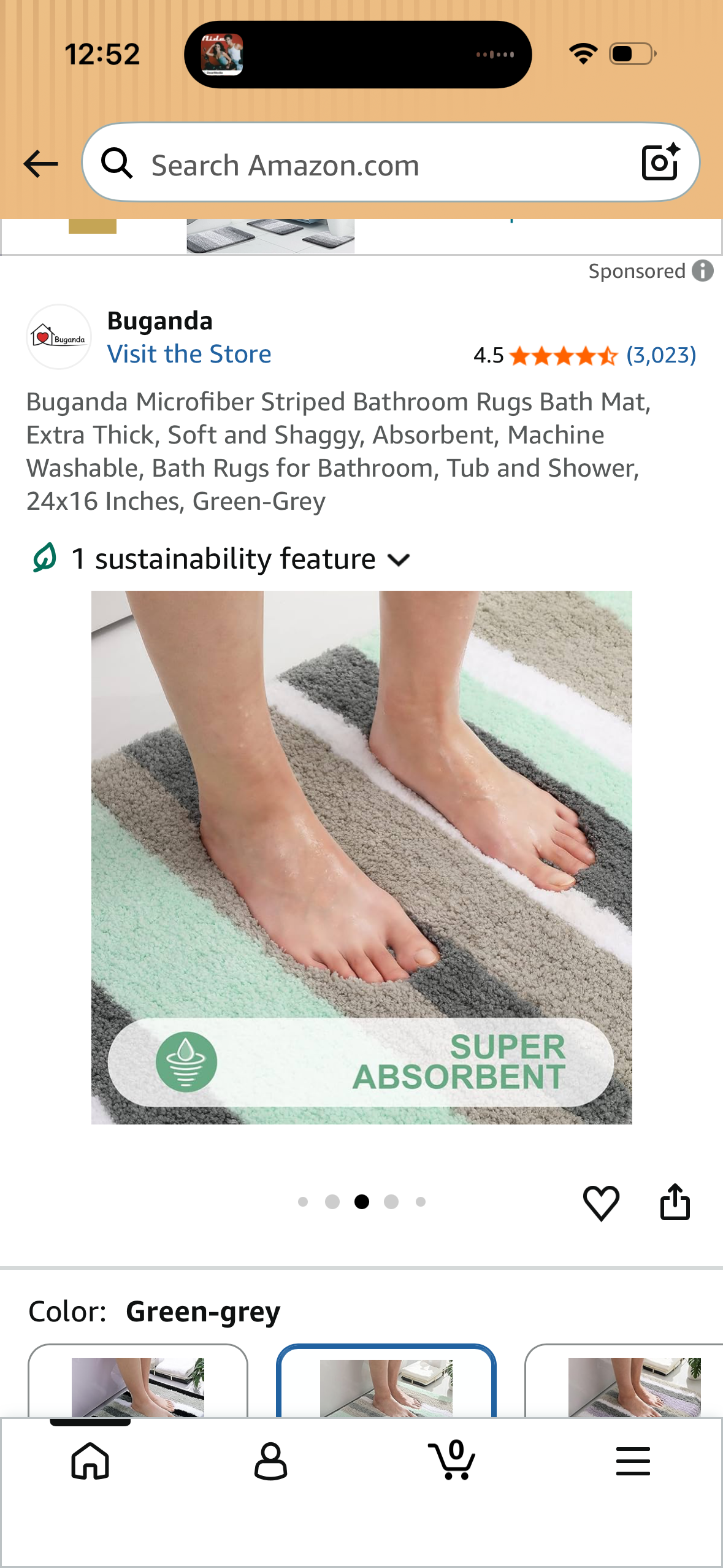 Buganda Microfiber Striped Bathroom Rugs Bath Mat, Extra Thick, Soft and Shaggy, Absorbent, Machine Washable, Bath Rugs for Bathroom, Tub and Shower, 24x16 Inches, Green-Grey
