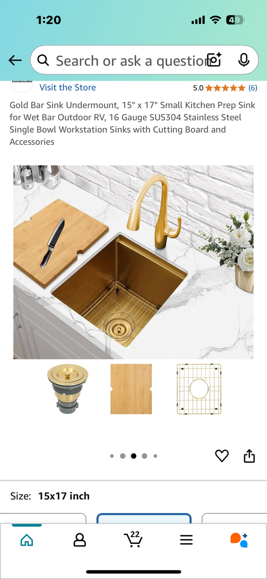 New - Gold Bar Undermount Sink, 15" x 17" Kitchen Prep Sink for Wet Bar Outdoor, RV, 16 Gauge SUS304 Stainless Steel Workstation Sink with Cutting Board and Accessories (L892)