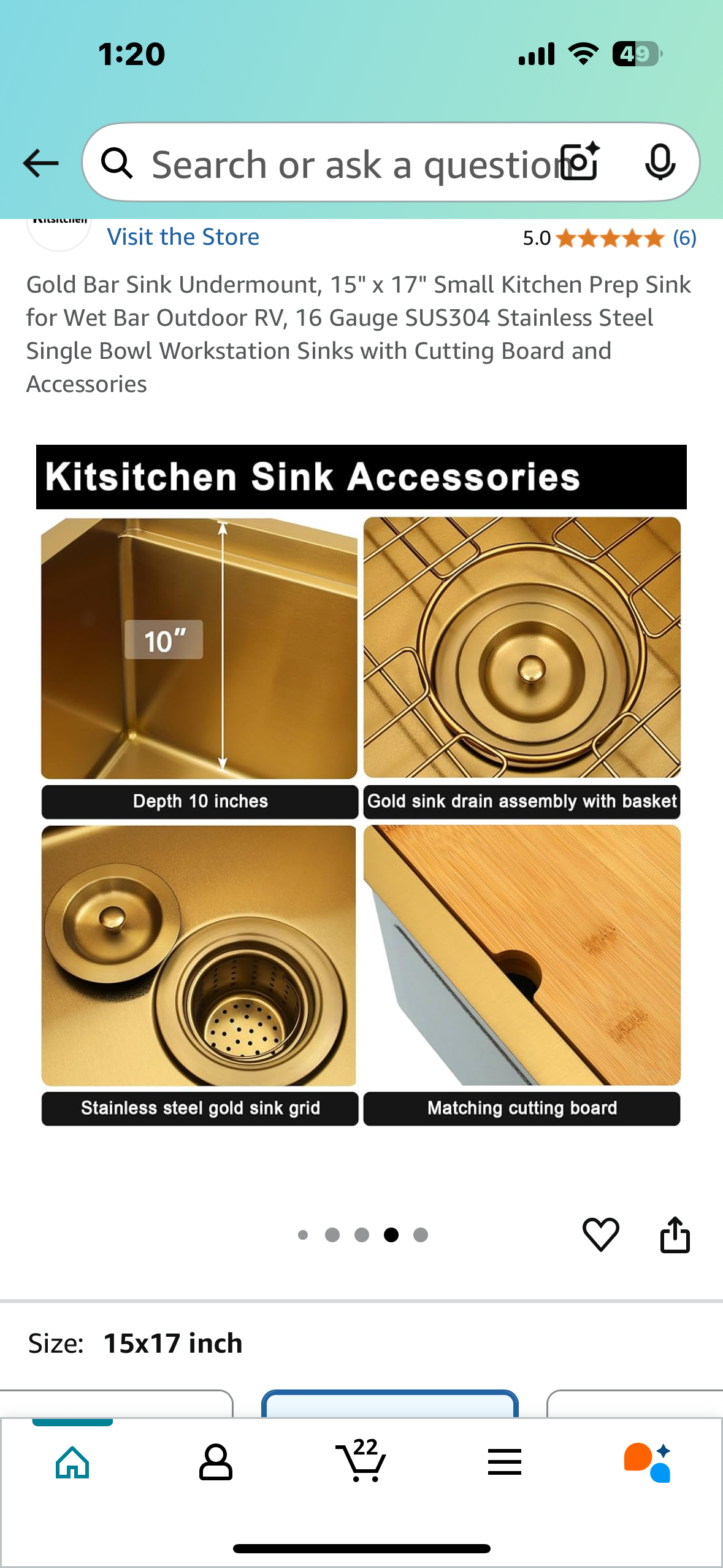 New - Gold Bar Undermount Sink, 15" x 17" Kitchen Prep Sink for Wet Bar Outdoor, RV, 16 Gauge SUS304 Stainless Steel Workstation Sink with Cutting Board and Accessories (L892)