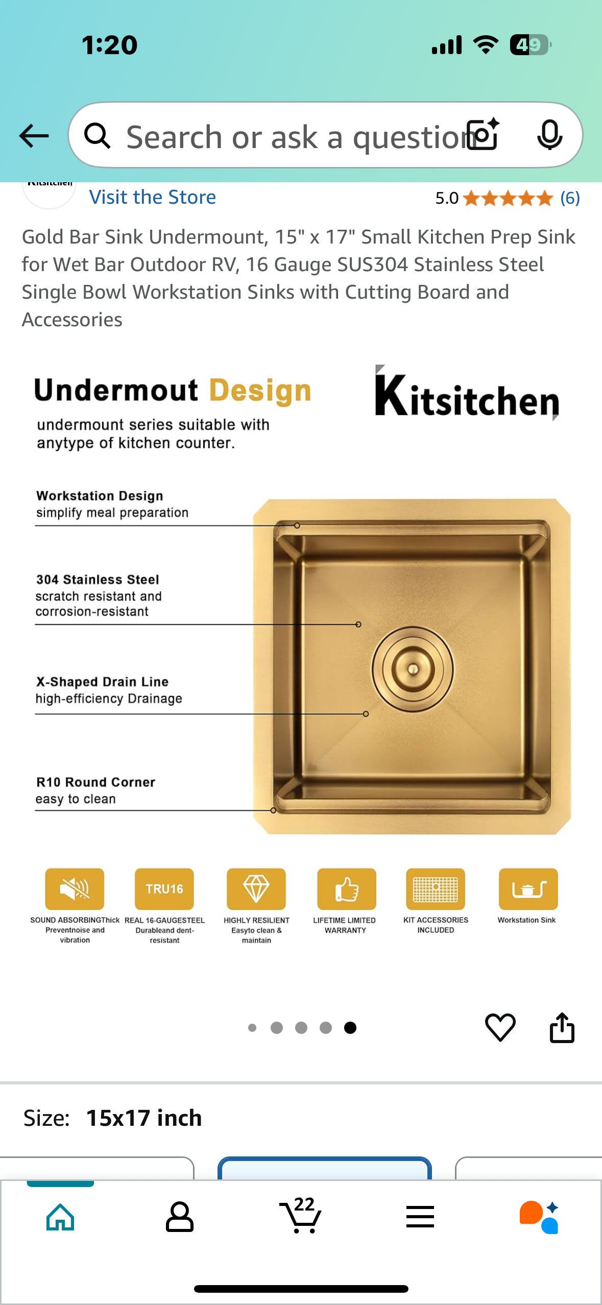 New - Gold Bar Undermount Sink, 15" x 17" Kitchen Prep Sink for Wet Bar Outdoor, RV, 16 Gauge SUS304 Stainless Steel Workstation Sink with Cutting Board and Accessories (L892)