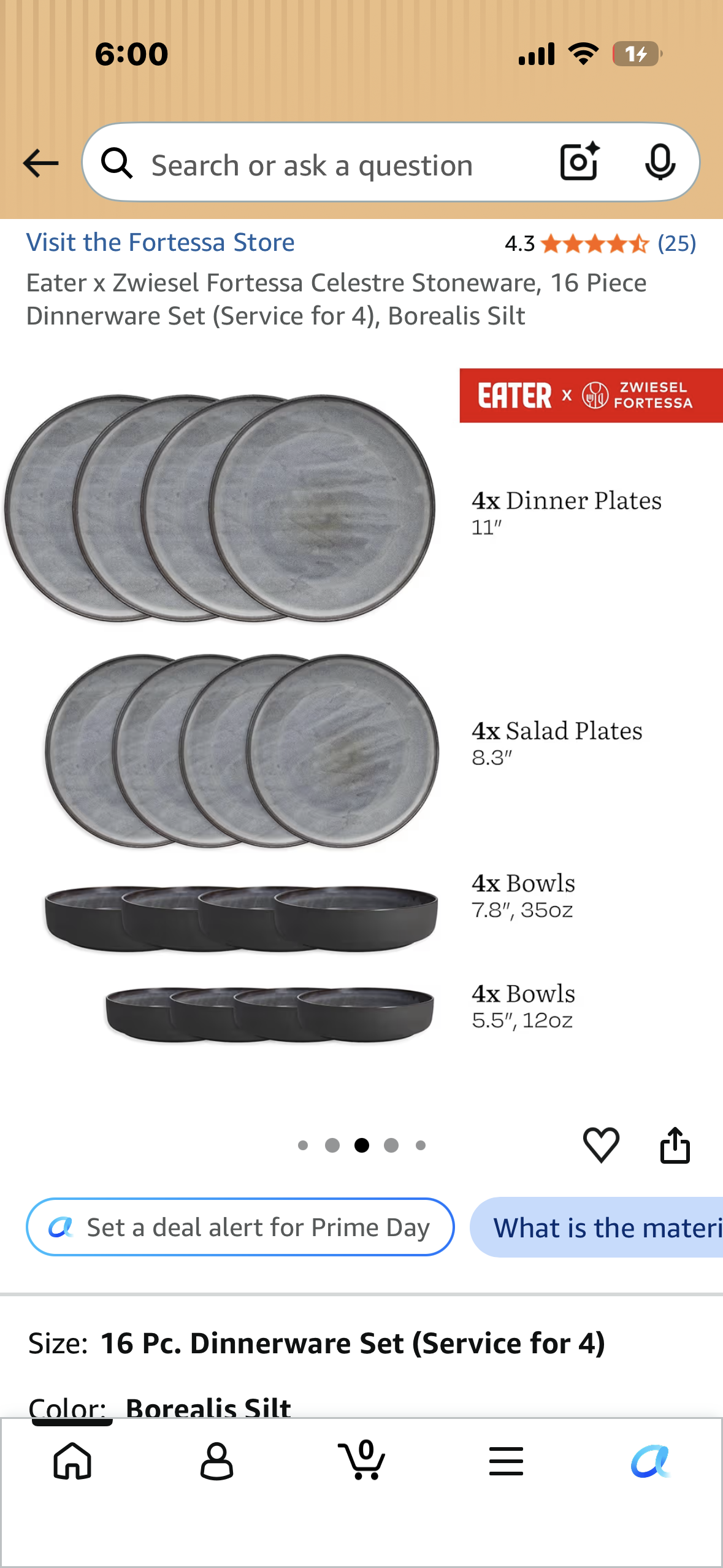 Eater x Zwiesel Fortessa Celestre Stoneware, 16 Piece Dinnerware Set (Service for 4), Borealis Silt