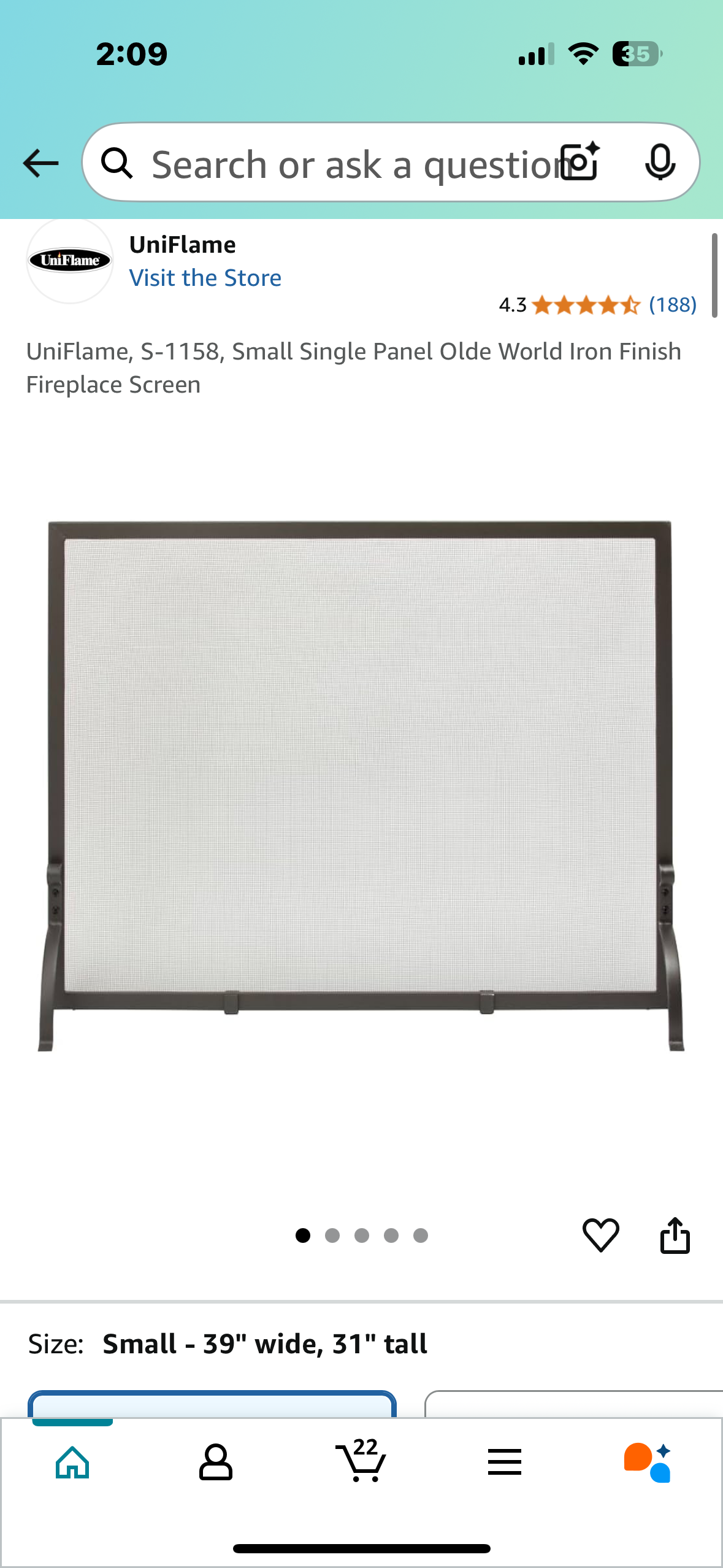 New - UniFlame, Small Single Panel Olde World Iron Finish Fireplace Screen S-1158, (L894)