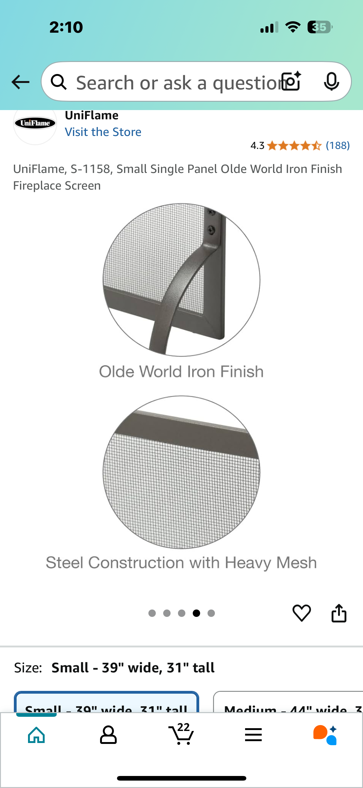 New - UniFlame, Small Single Panel Olde World Iron Finish Fireplace Screen S-1158, (L894)