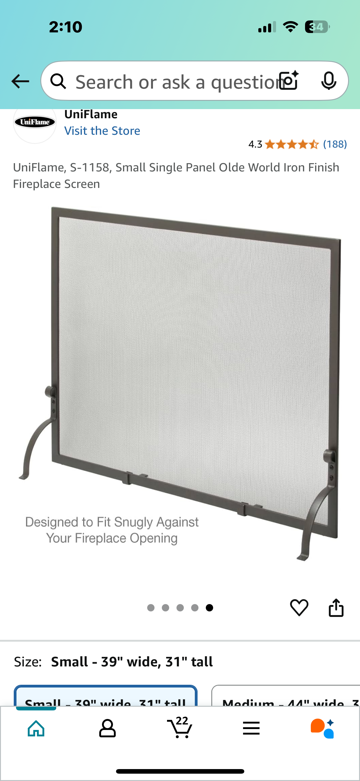New - UniFlame, Small Single Panel Olde World Iron Finish Fireplace Screen S-1158, (L894)