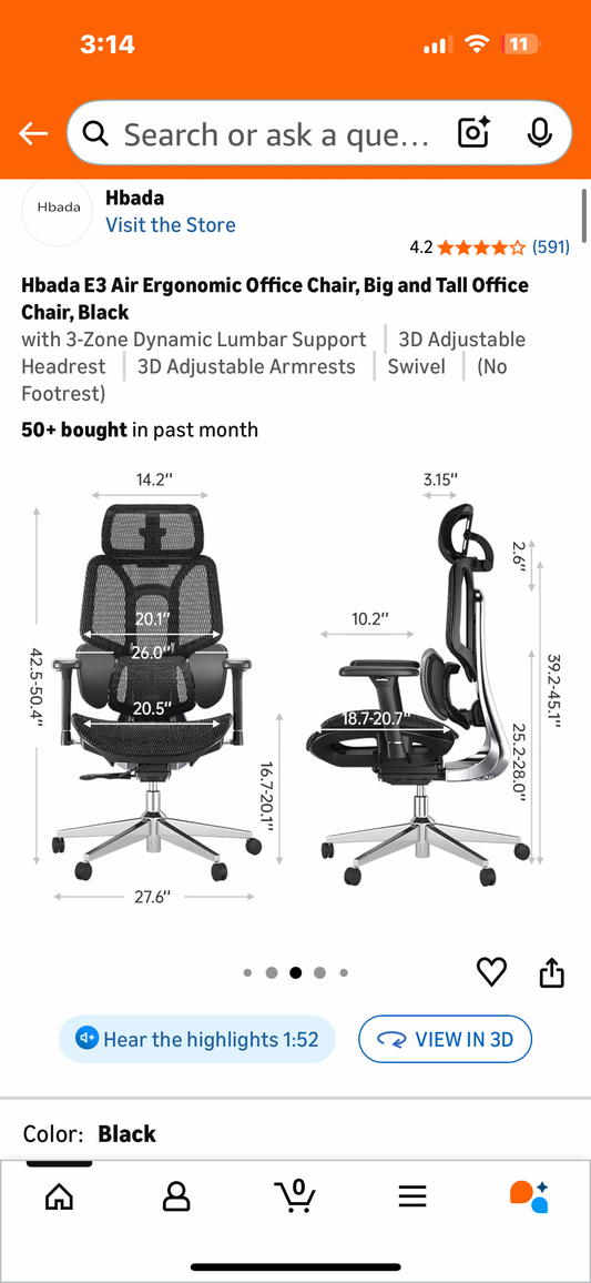 Hbada E3 Air Ergonomic Office Chair, Big and Tall Office Chair, Black (O462)