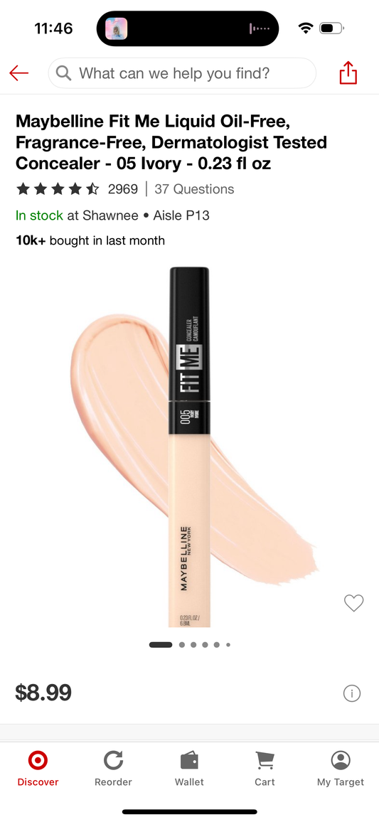 Maybelline Fit Me Liquid Oil-Free, Fragrance-Free, Dermatologist Tested Concealer - 05 Ivory - 0.23 fl oz