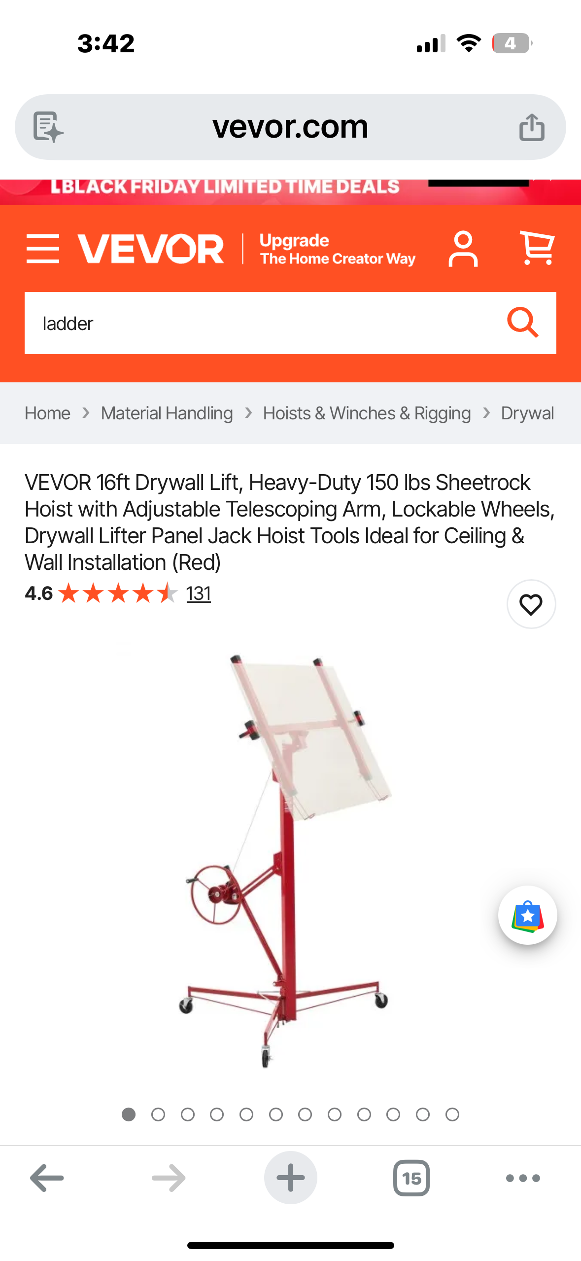 VEVOR 16ft Drywall Lift, Heavy-Duty 150 lbs Sheetrock Hoist with Adjustable Telescoping Arm, Lockable Wheels, Drywall Lifter Panel Jack Hoist Ideal for Ceiling & Wall Installation (Red) (G927)