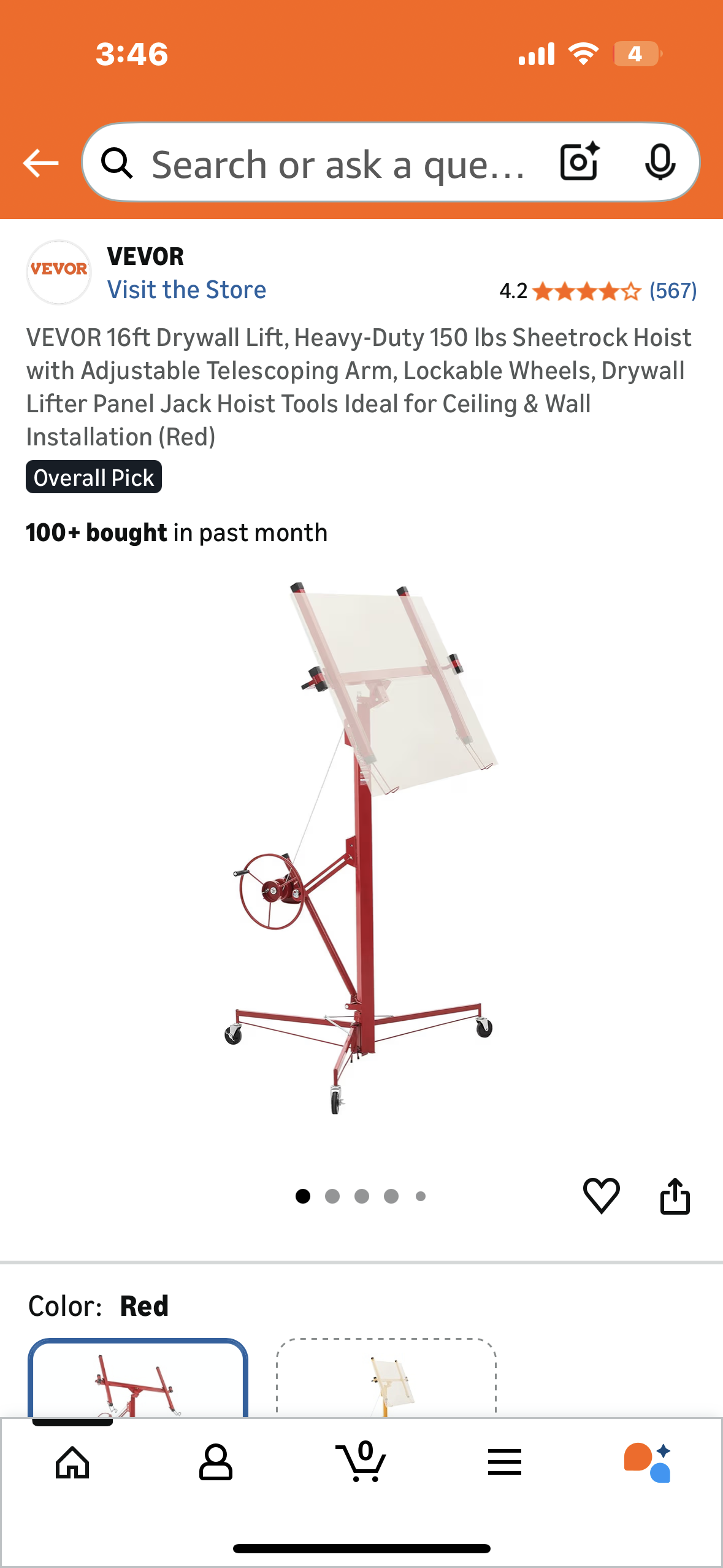 VEVOR 16ft Drywall Lift, Heavy-Duty 150 lbs Sheetrock Hoist with Adjustable Telescoping Arm, Lockable Wheels, Drywall Lifter Panel Jack Hoist Ideal for Ceiling & Wall Installation (Red) (G927)