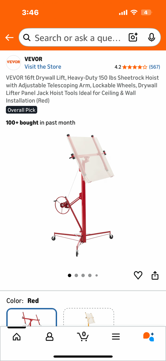 VEVOR 16ft Drywall Lift, Heavy-Duty 150 lbs Sheetrock Hoist with Adjustable Telescoping Arm, Lockable Wheels, Drywall Lifter Panel Jack Hoist Ideal for Ceiling & Wall Installation (Red) (G927)