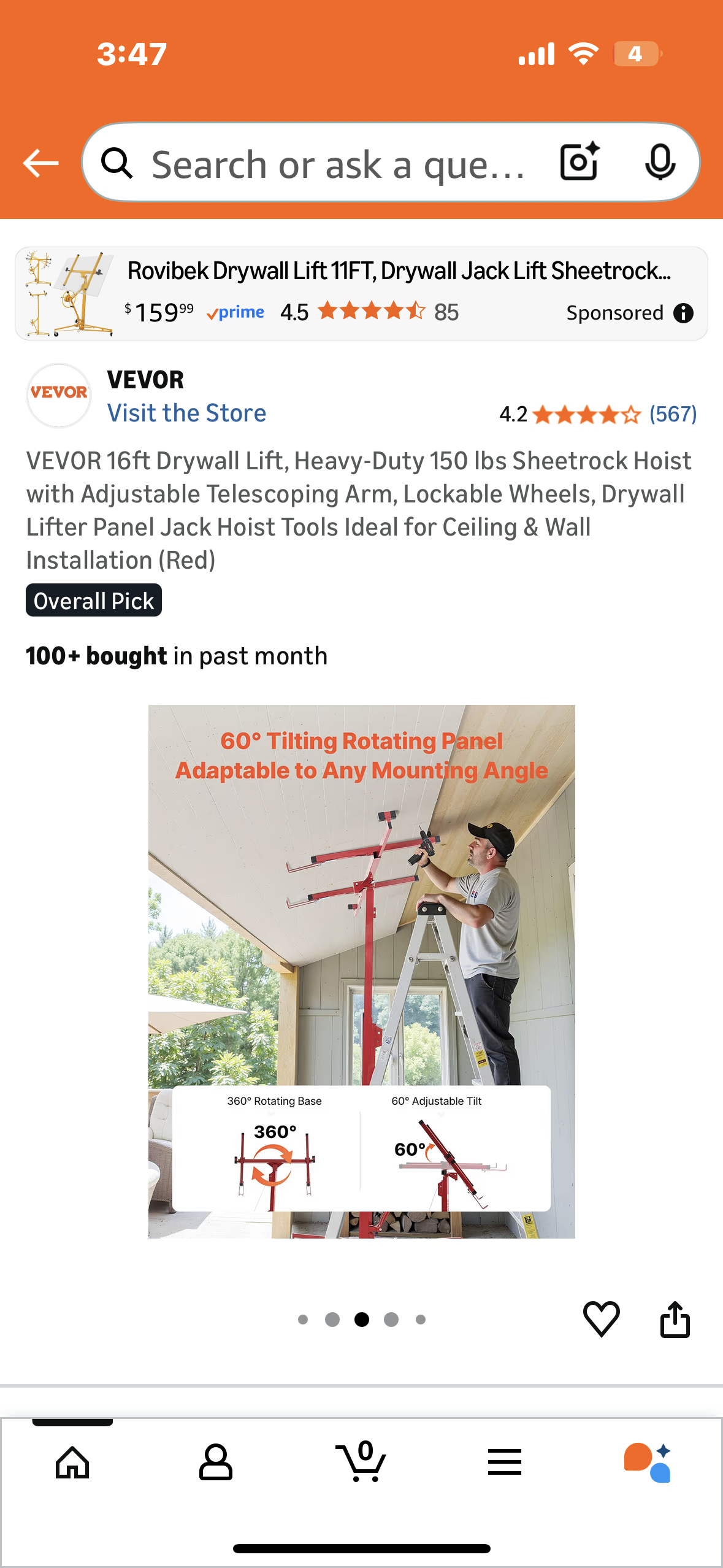 VEVOR 16ft Drywall Lift, Heavy-Duty 150 lbs Sheetrock Hoist with Adjustable Telescoping Arm, Lockable Wheels, Drywall Lifter Panel Jack Hoist Ideal for Ceiling & Wall Installation (Red) (G927)